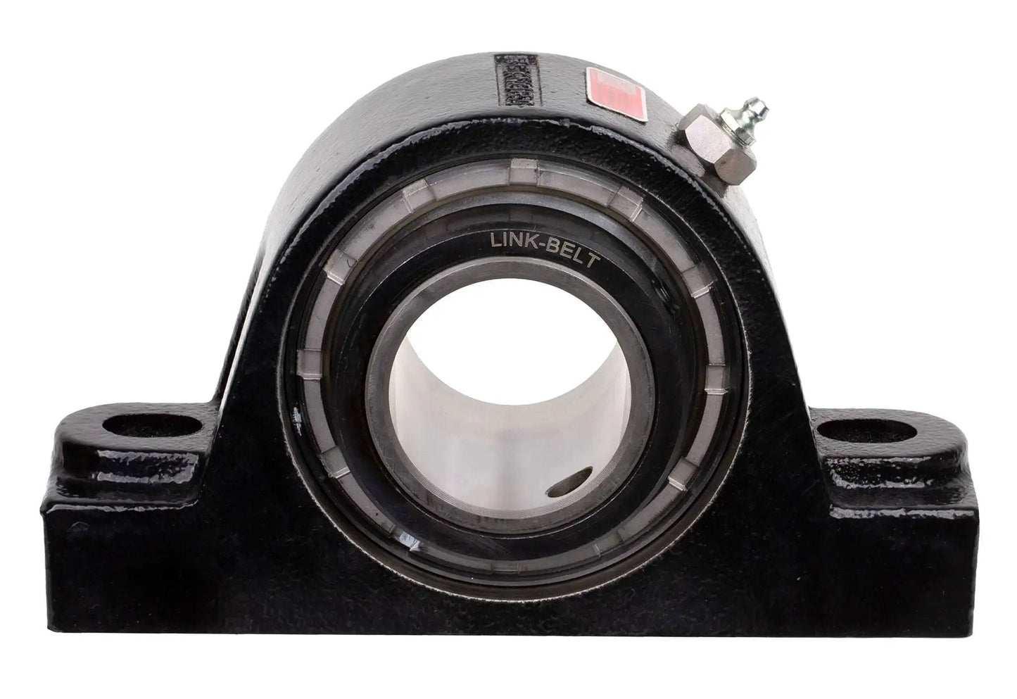 Front view of Durable Heavy Duty Solid Housed Pillow Block Spherical Roller Bearing With Interchangeable Cast Iron Housing And Sealed Design For Industrial Machinery Rexnord Link Belt PEB22443H Two And Eleven Sixteenths Inch