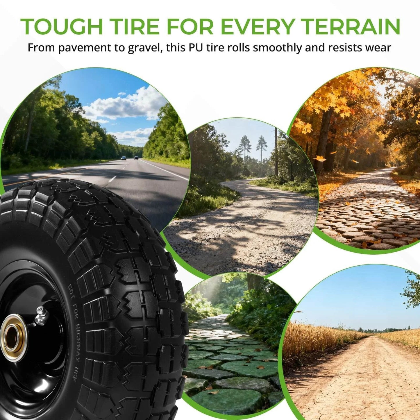 10 Inch 13 Inch and 16 Inch Flat Free PU Tire 2 Pack solid rubber replacement wheels with steel hub shown on various terrains.
