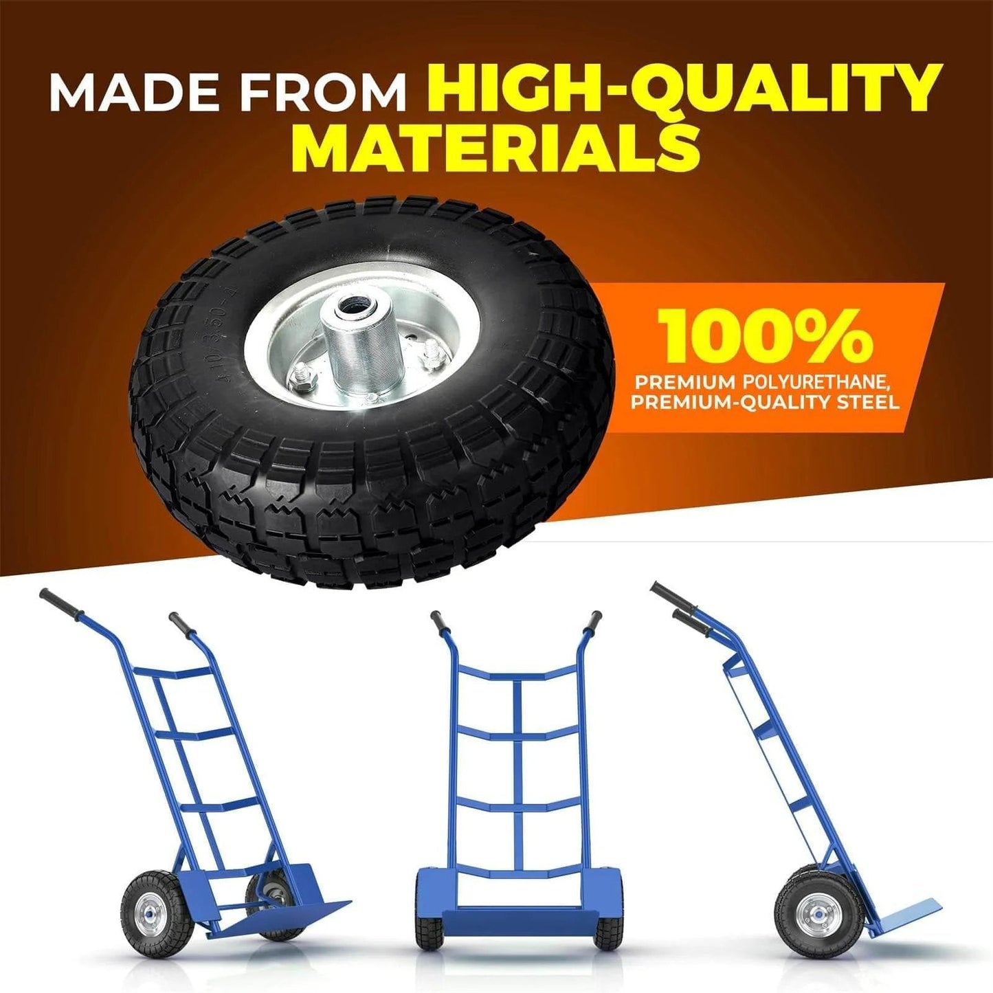 2 Pack 10 Inch Solid Rubber Tire Wheels with steel rim and 5/8 inch bearings, demonstrated on blue hand trucks and dollies