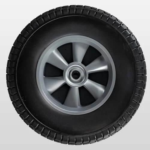 10 inch solid rubber tire and wheel, flat free tubeless, with 5/8" axle bore, 2.1" offset hub, suitable for utility carts.