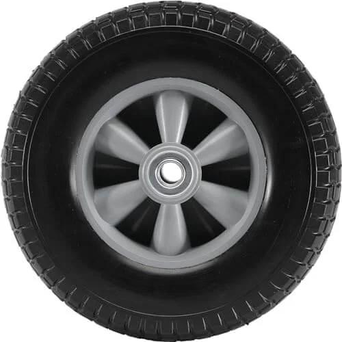 Alt Tag: Front view of 2-pack 10" x 2.5" solid rubber tire wheels, 10 inch tire and wheel flat free with 5/8" bearings, 2.1" offset hub.