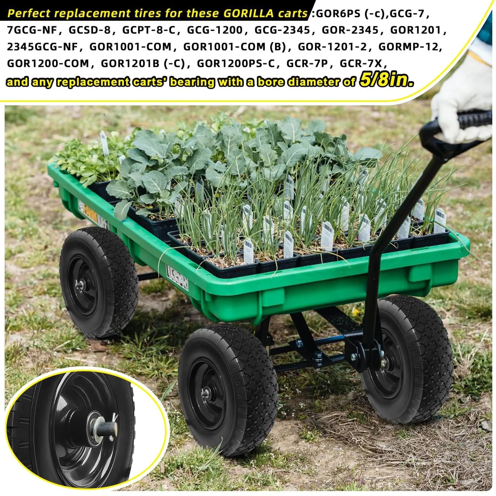 Green garden cart with 12 Inch Flat Free Solid Rubber Tire and Wheel Assembly with 2.1 Inch Offset Hub loaded with plants on grass.