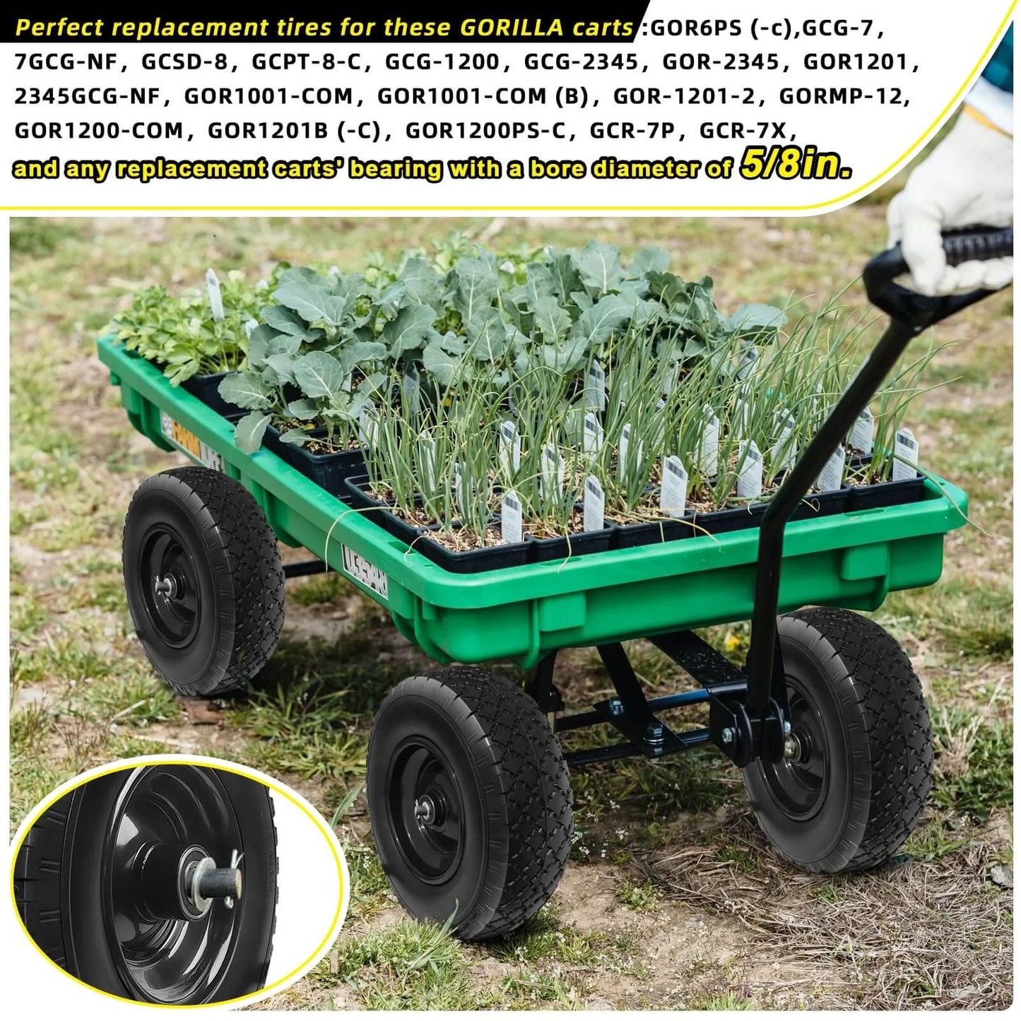 Green garden cart with 12 Inch Flat Free Solid Rubber Tire and Wheel Assembly with 2.1 Inch Offset Hub loaded with plants on grass.