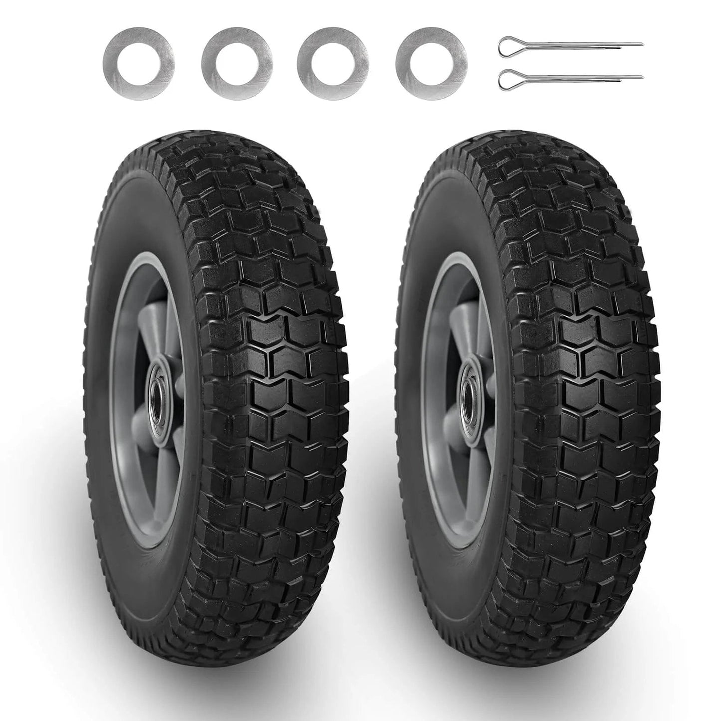 Pair of solid rubber tires and wheels, 10 inch flat free tubeless wheels with 5/8" axle bore hole, 2.1" offset hub, includes pins and washers