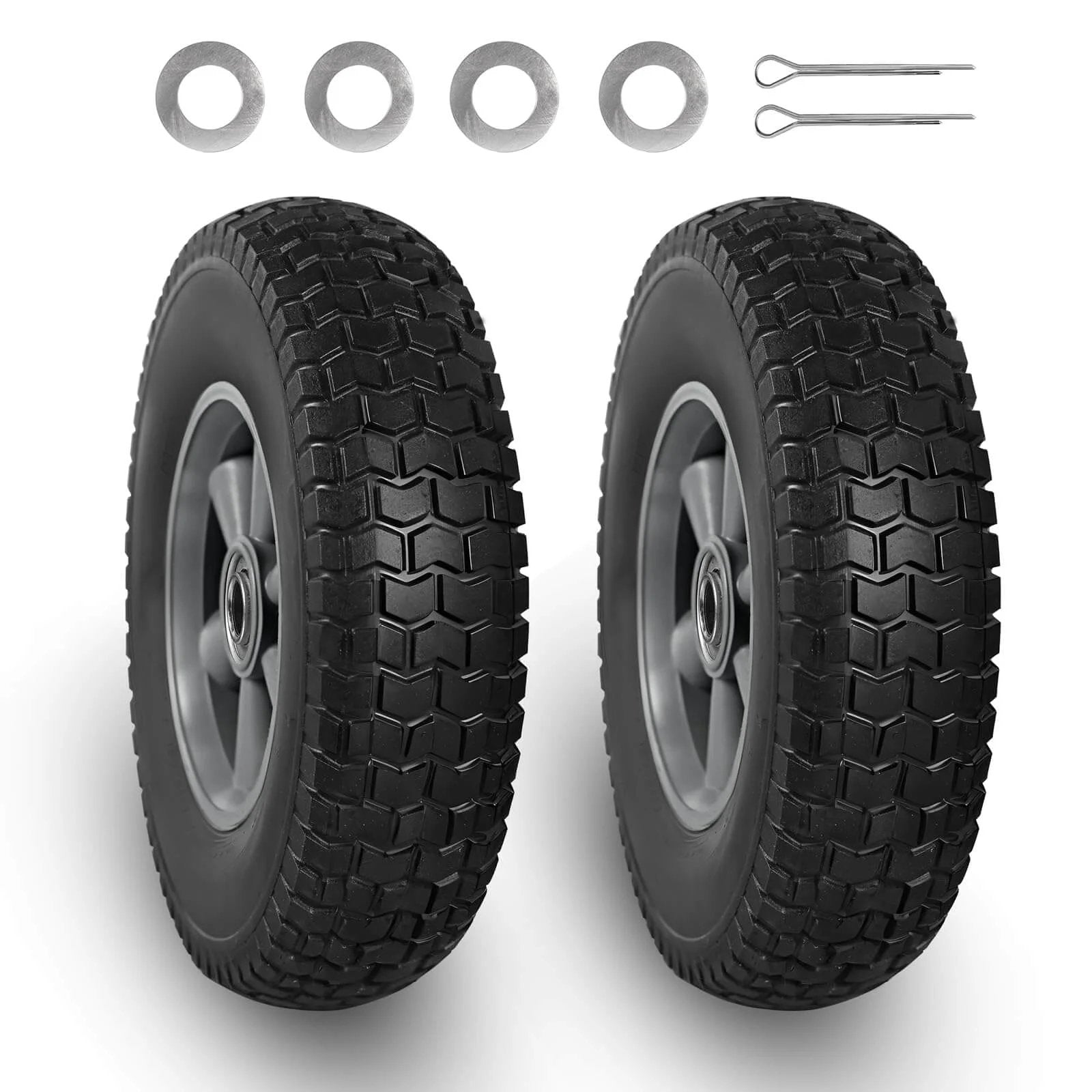 Pair of solid rubber tires and wheels, 10 inch flat free tubeless wheels with 5/8" axle bore hole, 2.1" offset hub, includes pins and washers