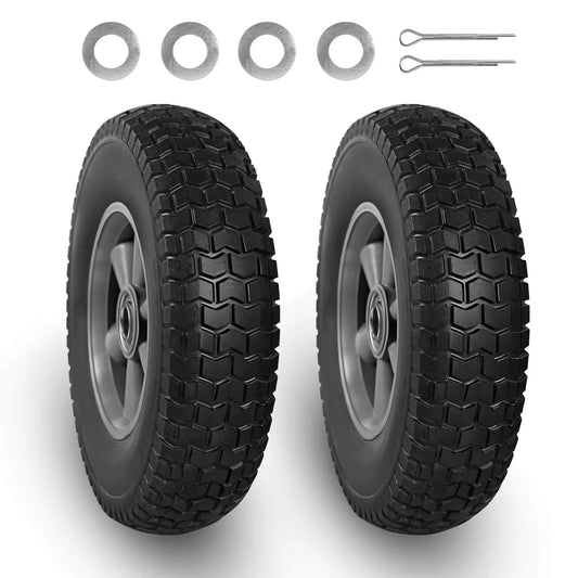 Pair of solid rubber tires and wheels, 10 inch flat free tubeless wheels with 5/8" axle bore hole, 2.1" offset hub, includes pins and washers