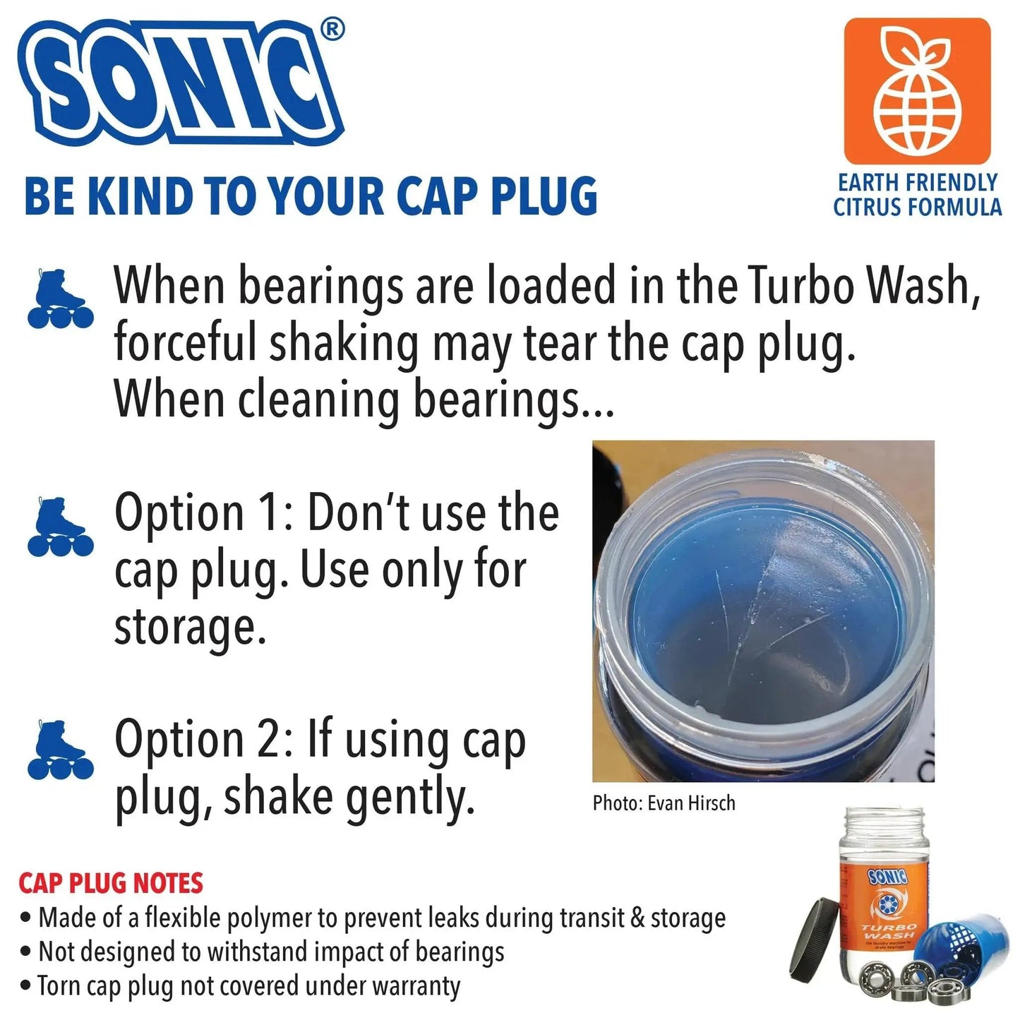 Complete Pro Grade Skate Bearing Cleaning Kit with 8 Oz Citrus Cleaner guidance on cap plug use and care instructions