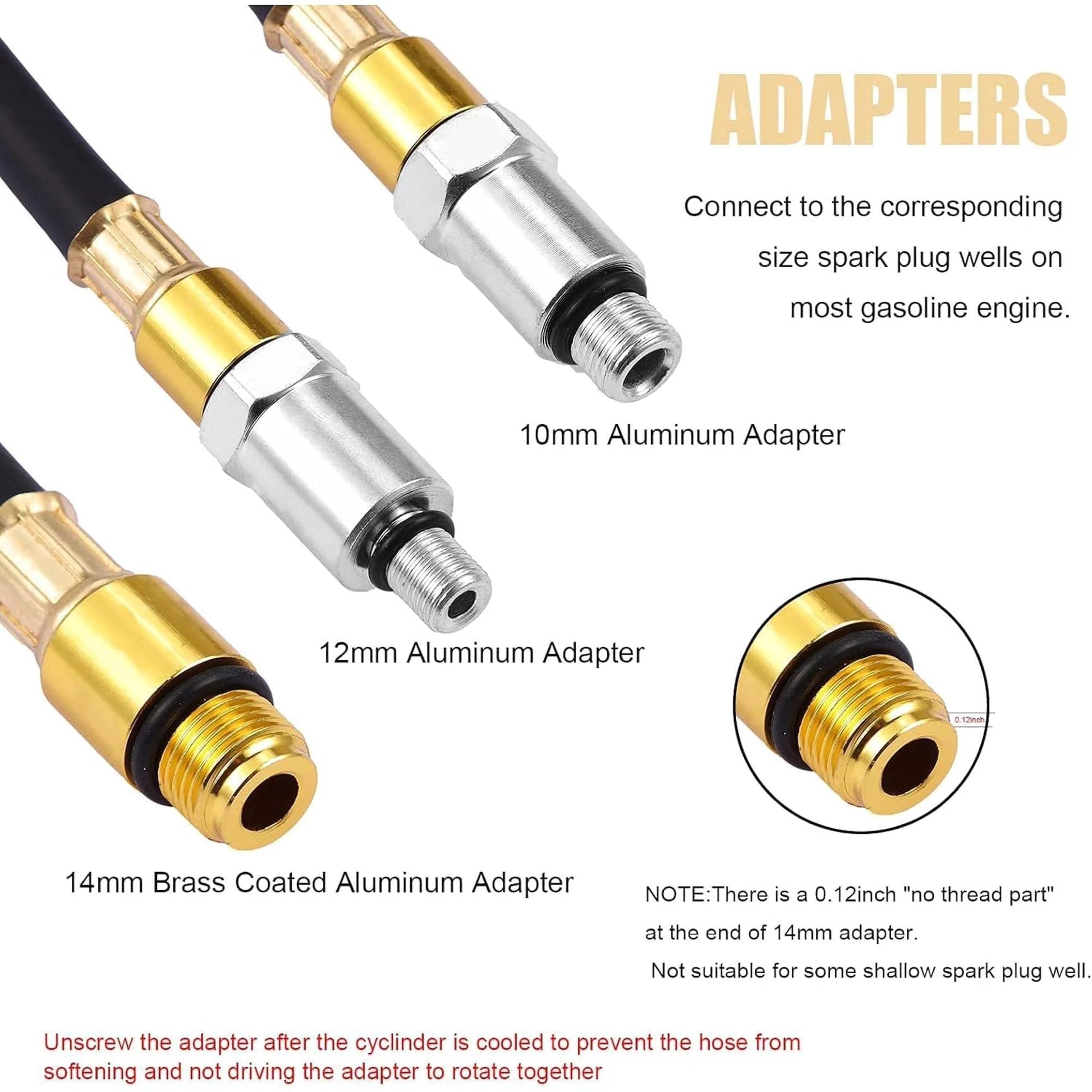 Adapters for Cylinder Leak Down Tester Kit, including 10mm, 12mm aluminum, and 14mm brass coated options.