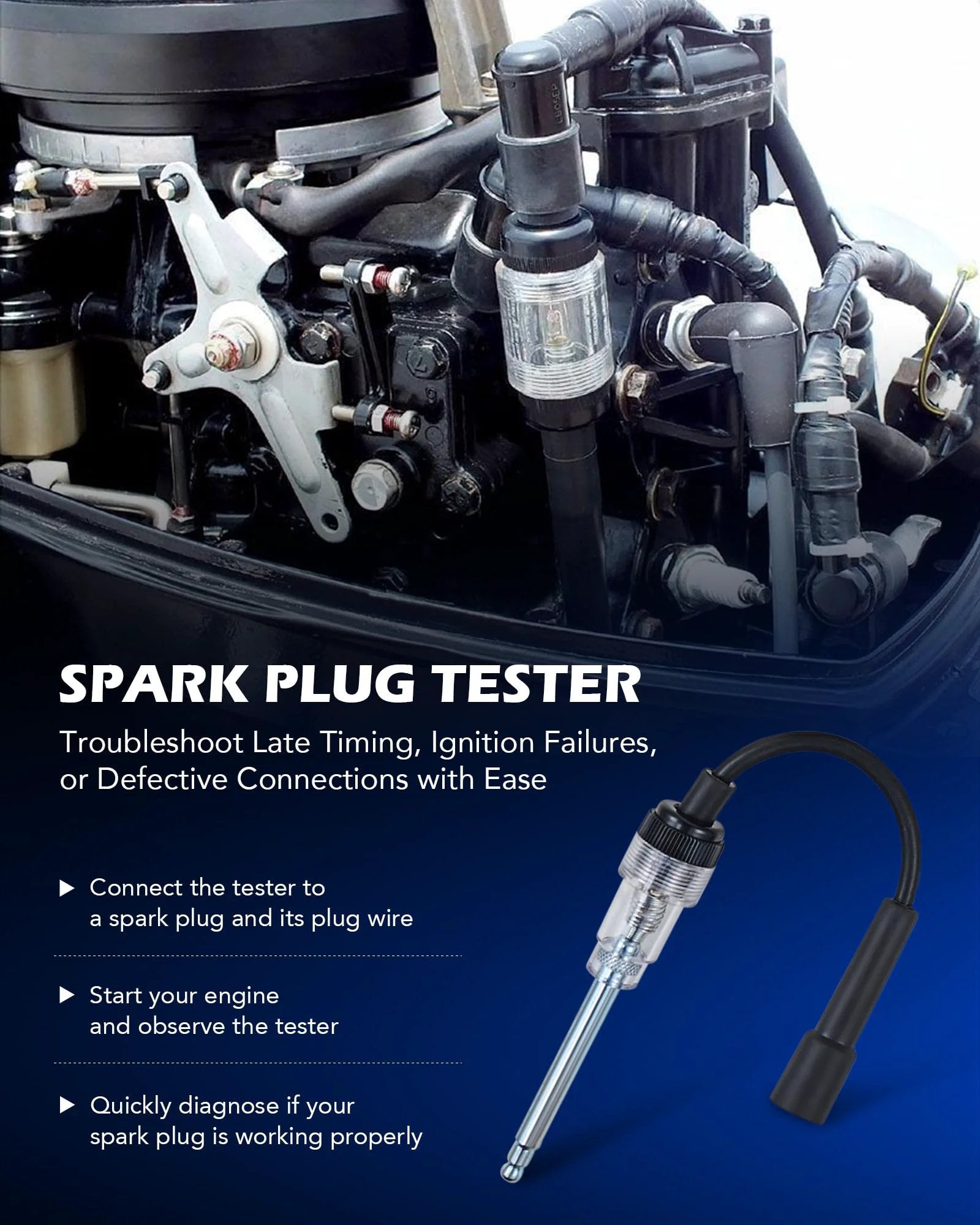 Close-up view of Spark Plug Tester connected to engine, designed for quick diagnostics of ignition issues in gasoline engines.