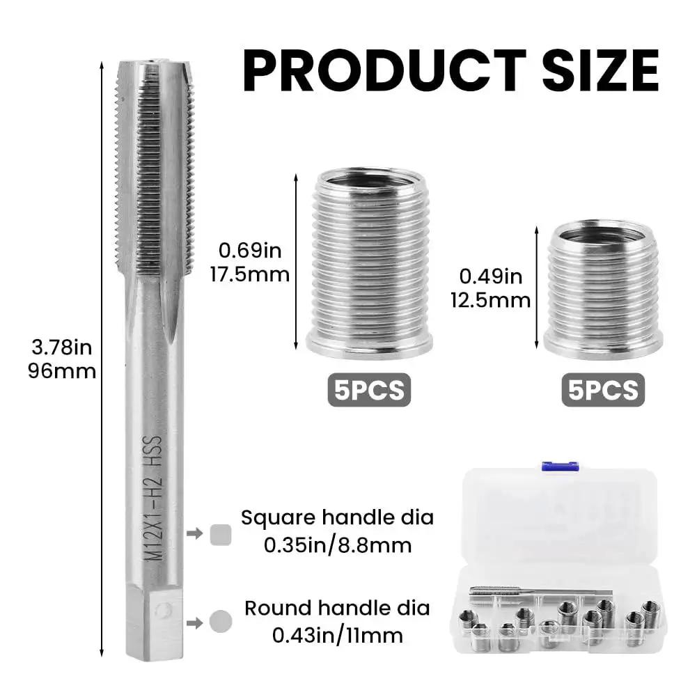 Spark Plug Thread Repair Kit For Automotive Engines M10 By 1 Tap And M12 By 1 Tap with sizes and case shown