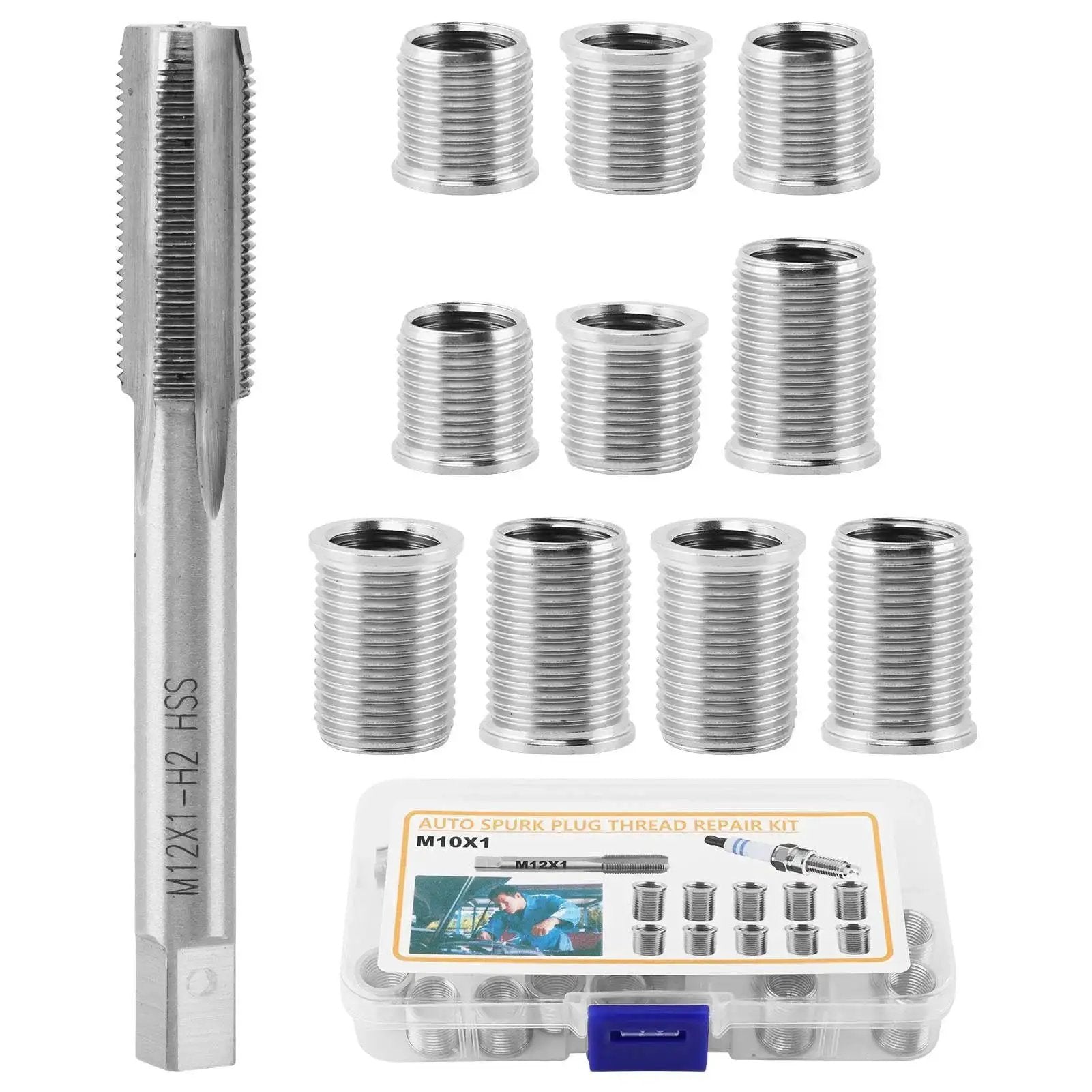 Spark Plug Thread Repair Kit For Automotive Engines M10 By 1 Tap And M12 By 1 Tap Stainless Steel Rethread Kit includes tap and inserts