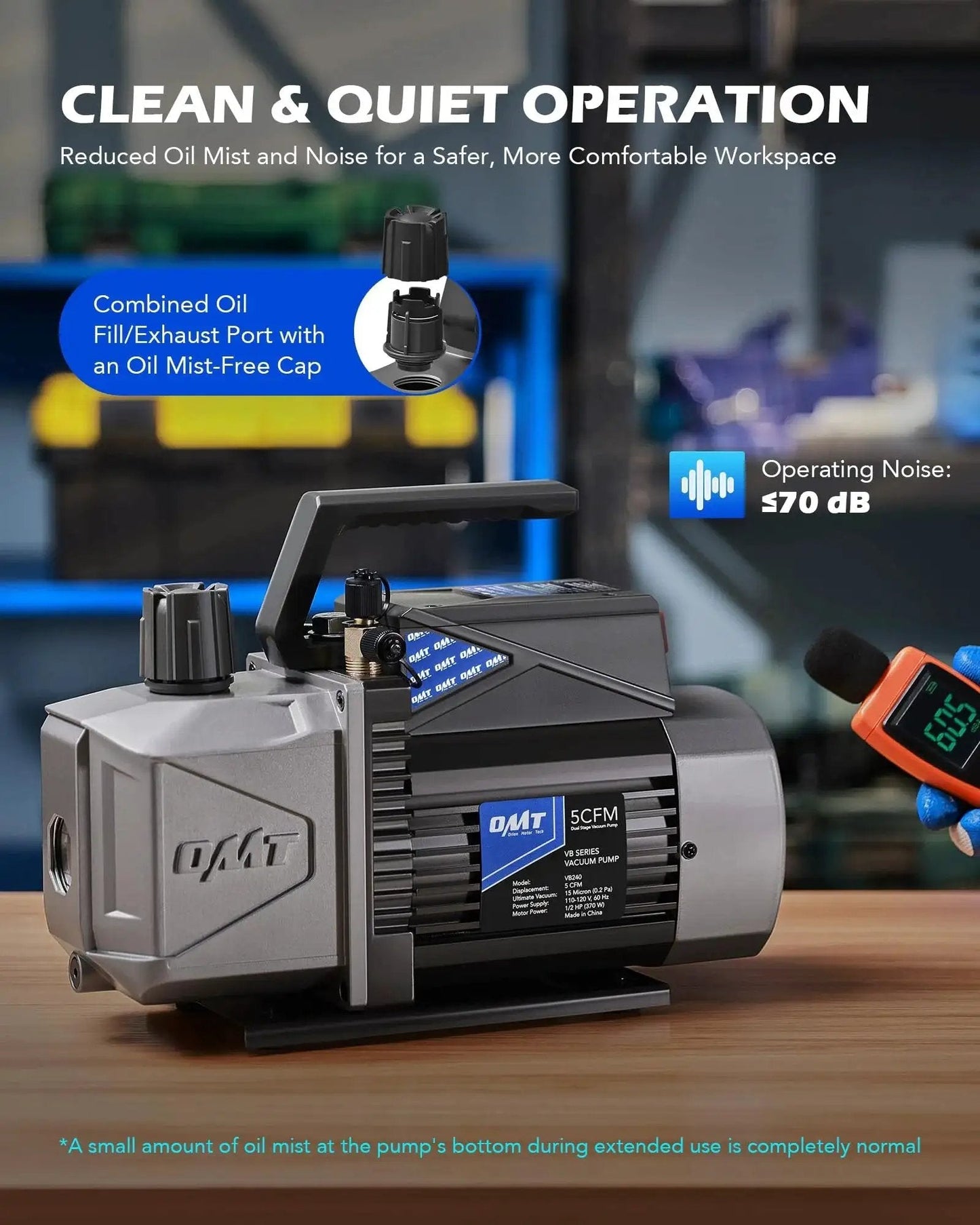 Two Stage A2L Sparkless Ignition-Proof Vacuum Pump For Auto HVAC Systems, 5 CFM showcased on a workspace