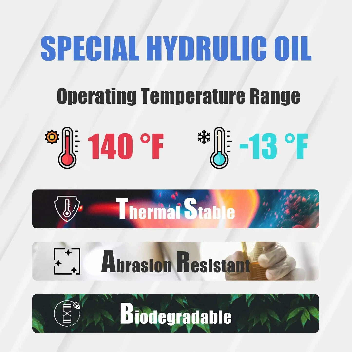Special hydraulic oil with temperature range from -13°F to 140°F, thermal stability, abrasion resistance, biodegradable.