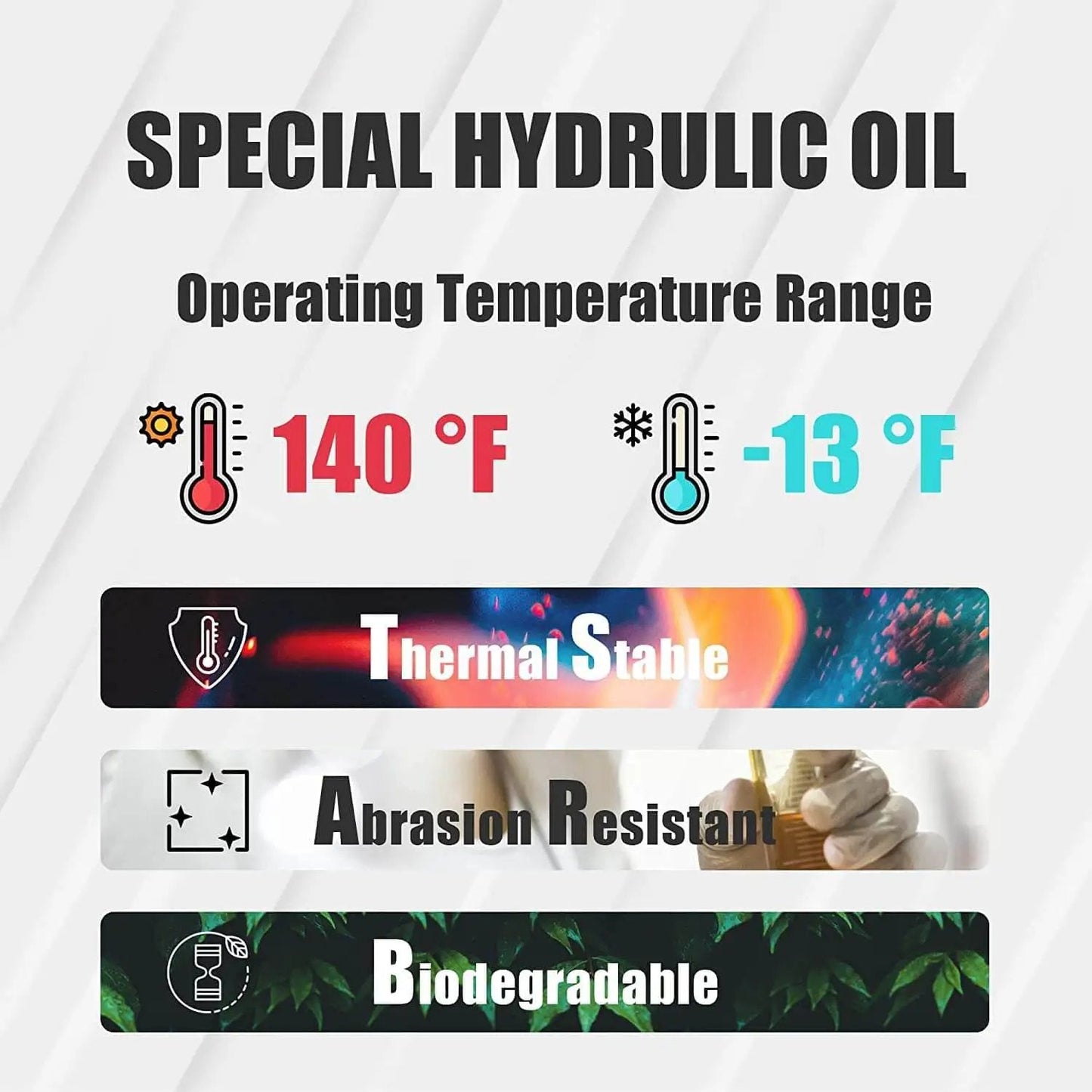 Special hydraulic oil features including thermal stability, abrasion resistance, and biodegradable; temperature range -13°F to 140°F