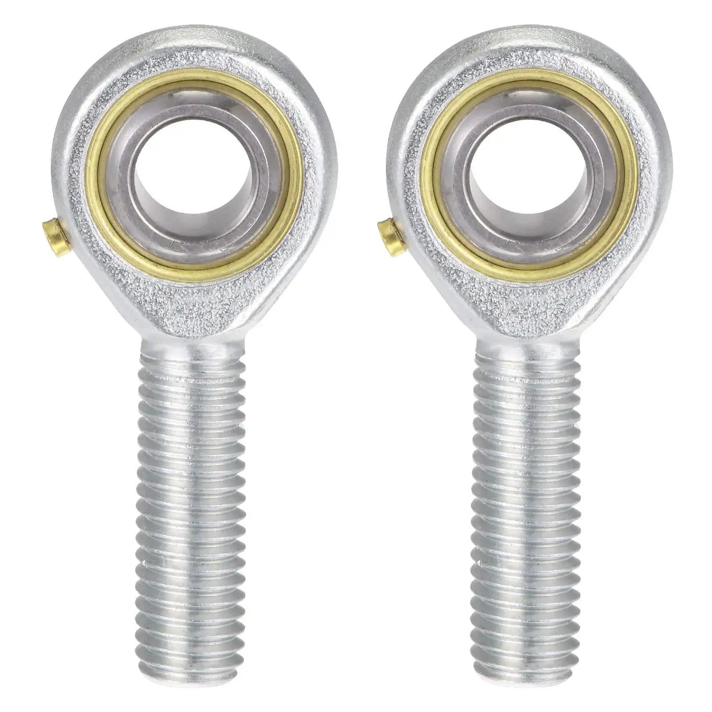 Front view of two POS12 spherical rod end bearings with 12mm bore, M12x1.75 left-hand thread, 45 steel body, ideal for hydraulic cylinders