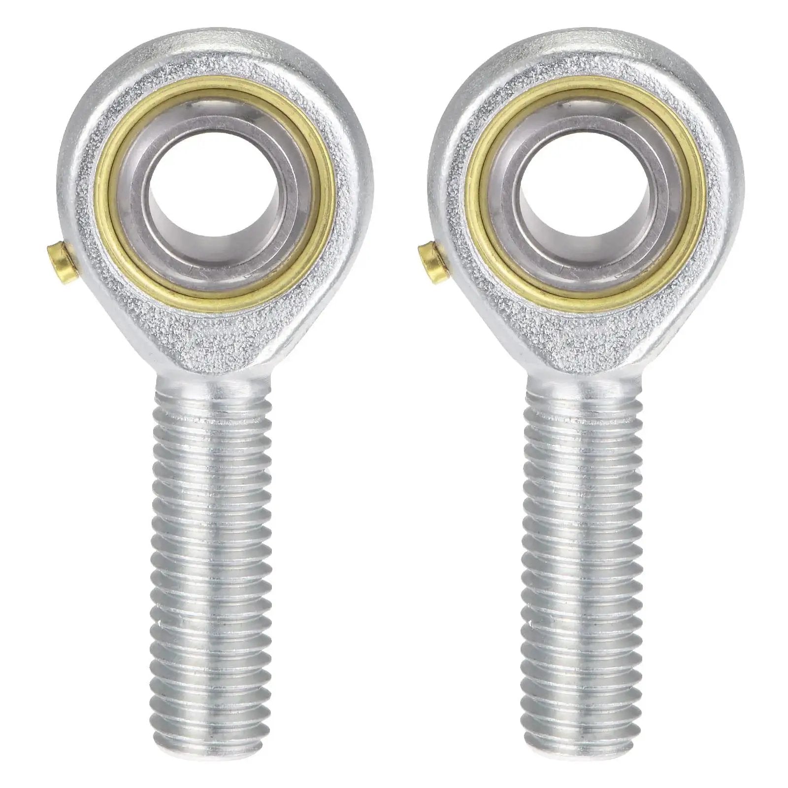 Front view of two POS12 spherical rod end bearings with 12mm bore, M12x1.75 left-hand thread, 45 steel body, ideal for hydraulic cylinders