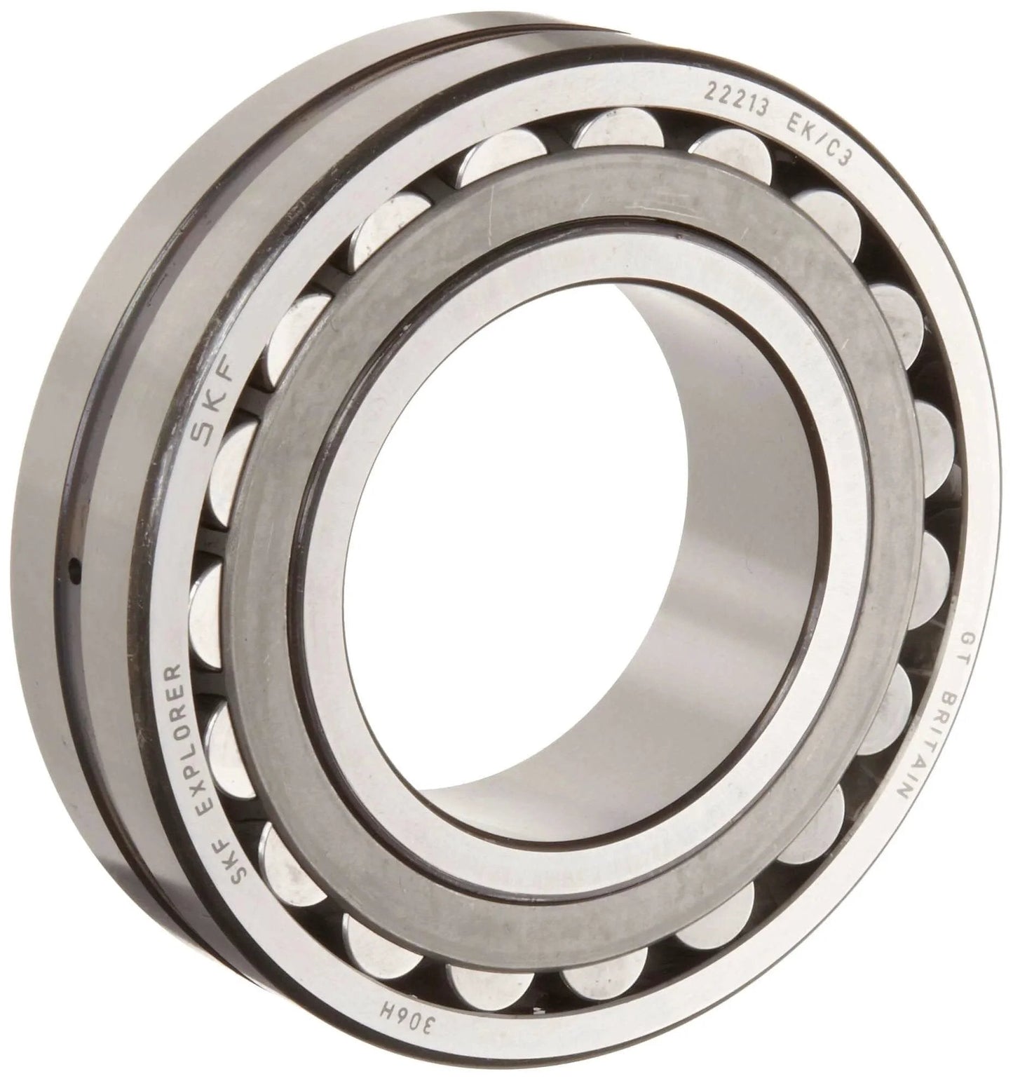Front view of SKF 22310 EK C3 Explorer Spherical Roller Bearing with tapered bore and steel cage, 50mm bore, 110mm OD, high load capacity.