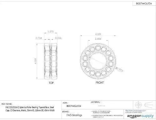 Technical drawing of Two Row Spherical Roller Bearing 22310E1K E1 C3 with 50mm bore for industrial applications.