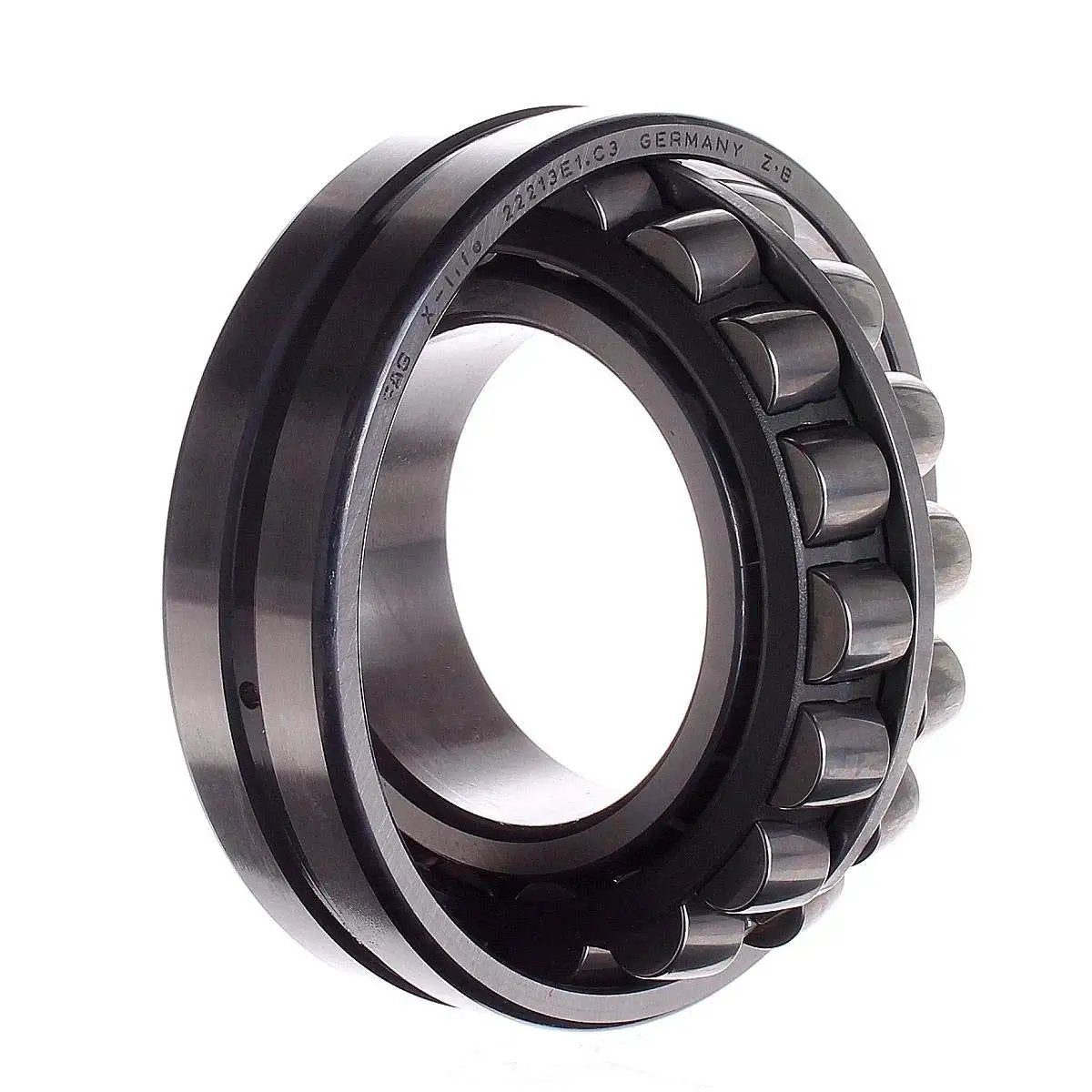 Spherical Roller Bearing Double Row 65mm Bore 22213 E1 C3 for heavy radial loads and axial misalignment, shown in close-up view.