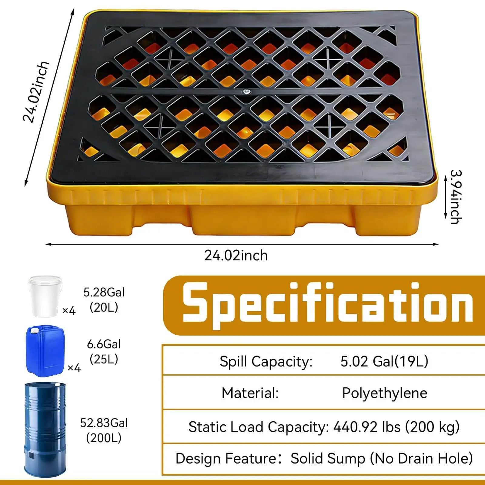 Spill Containment Pallet For One Drum 5 Gallon, Anti Slip Plastic Tray with 24 Inch Square Footprint, Chemical Resistant