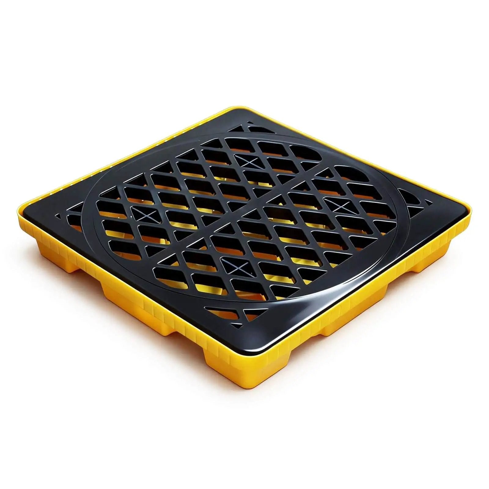 Spill Containment Pallet For One Drum 5 Gallon, anti slip plastic tray with 24 inch square footprint, leakproof polyethylene, heavy duty