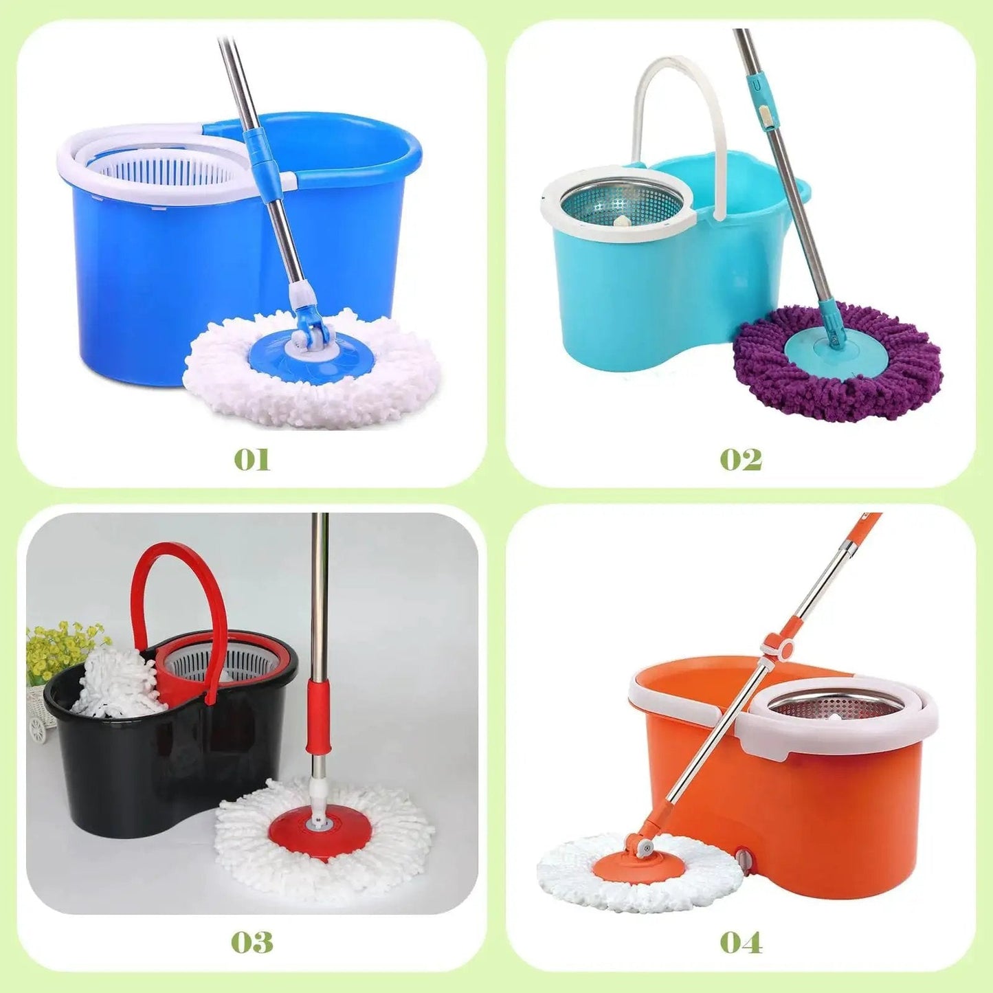 Collage of four colorful spin mop sets with buckets, showcasing blue, teal, black, and orange options on a light background.