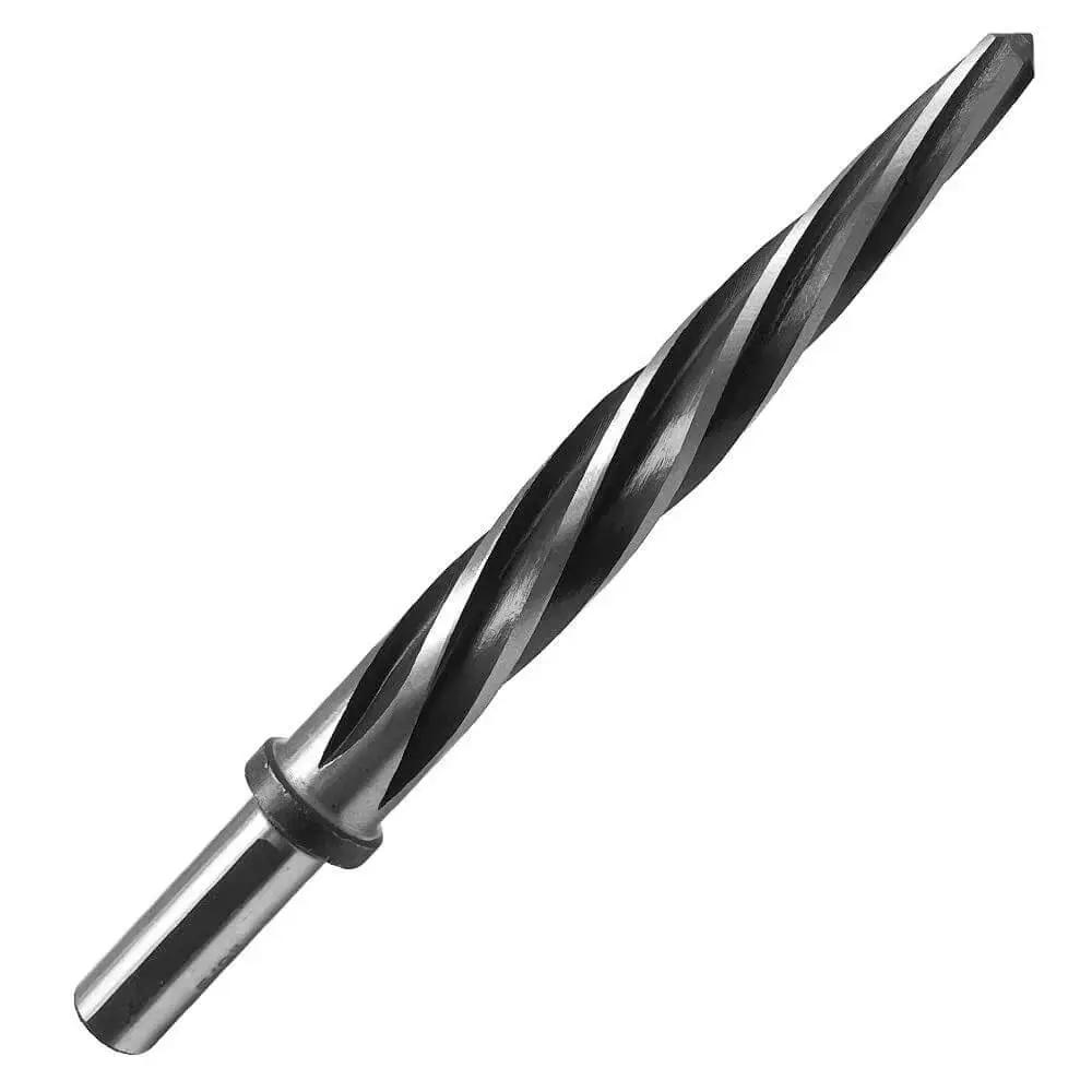 5/8 Inch Spiral Flute Reamer With 1/2 Inch Shank M2 HSS Bridge Reamer shown in uninstalled view, tapered point visible.