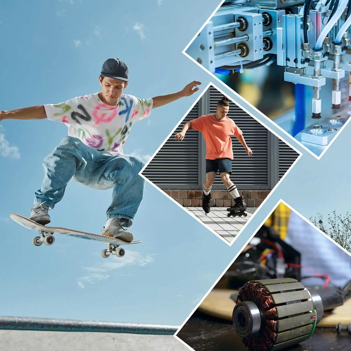 Collage of skateboarder jumping, industrial machinery, person wearing rollers, and an electric motor component.