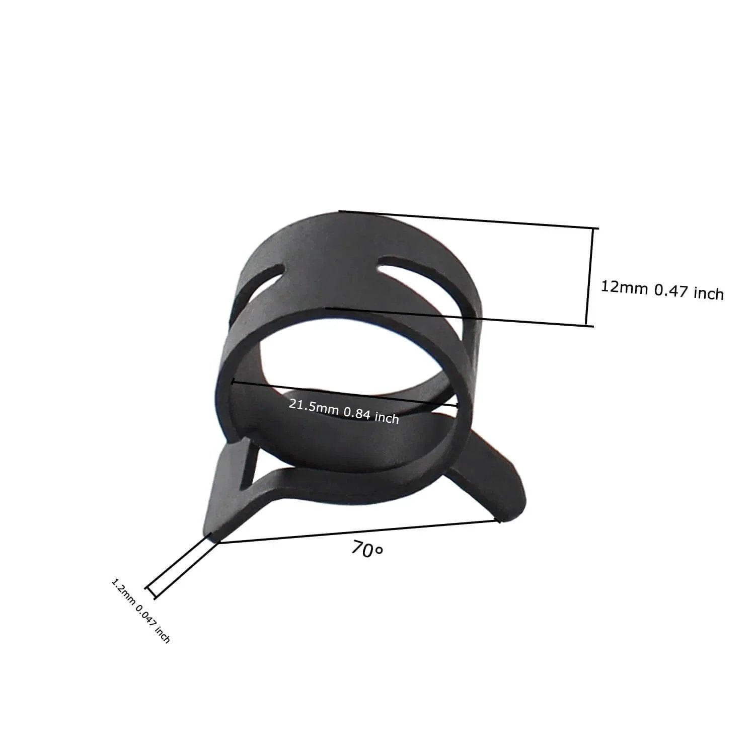 Close-up of 16 Pcs 22mm Spring Band Type Hose Clamp, 12mm wide, 65MN steel, for 23 to 24.5mm OD hose, showing measurements and design