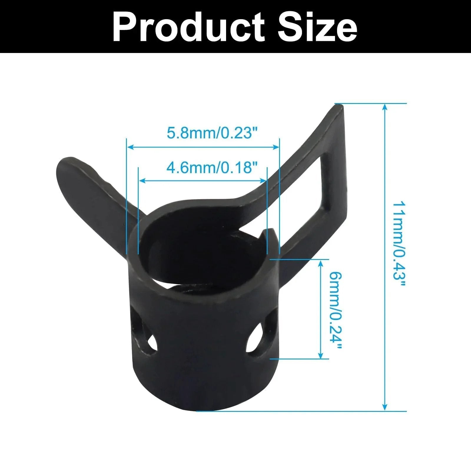 40 Pcs 5mm Spring Band Type Clamps Set For Fuel Line Hose Low Pressure Air Tube Water Pipe And Silicone Hose Fits Five To Five Point Eight Millimeter Outer Diameter Durable Rust Resistant 65Mn Manganese Steel Construction Ideal For Auto And Marine Use, close-up view showing dimensions.