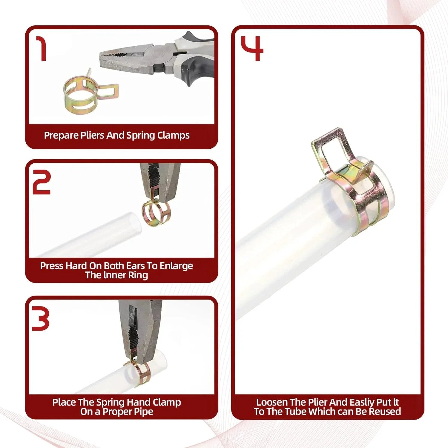 Diagram showing installation of 90Pcs 6 To 16 Millimeter Spring Band Hose Clamps Assortment Kit Galvanized Carbon Steel Vacuum Hose Clips.