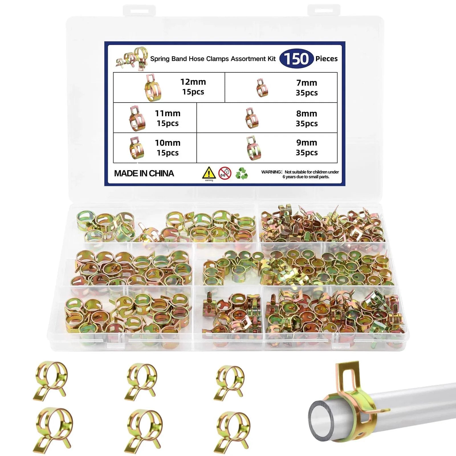 150Pcs Spring Band Hose Clamps Assortment Kit For Fuel Lines And Silicone Vacuum Hoses With Organized Storage Case Including Six Sizes 7mm 8mm 9mm 10mm 11mm And 12mm For Quick Size Selection And Reliable Low Pressure Air And Automotive Repairs displayed.