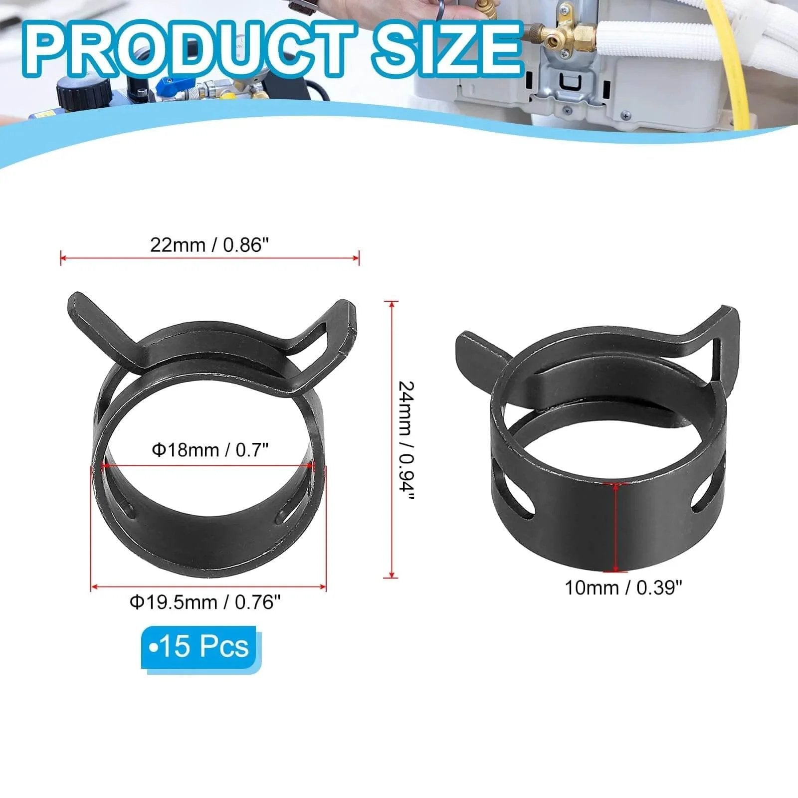 Spring Band Hose Clamps For 18 To 20 Mm Hose OD 15 Pack Corrosion Resistant 65Mn Steel Zinc Plated Vacuum Constant Tension Clips For Fuel Line Air Hose Silicone Vacuum Tubing Water Pipe Black shown with size dimensions