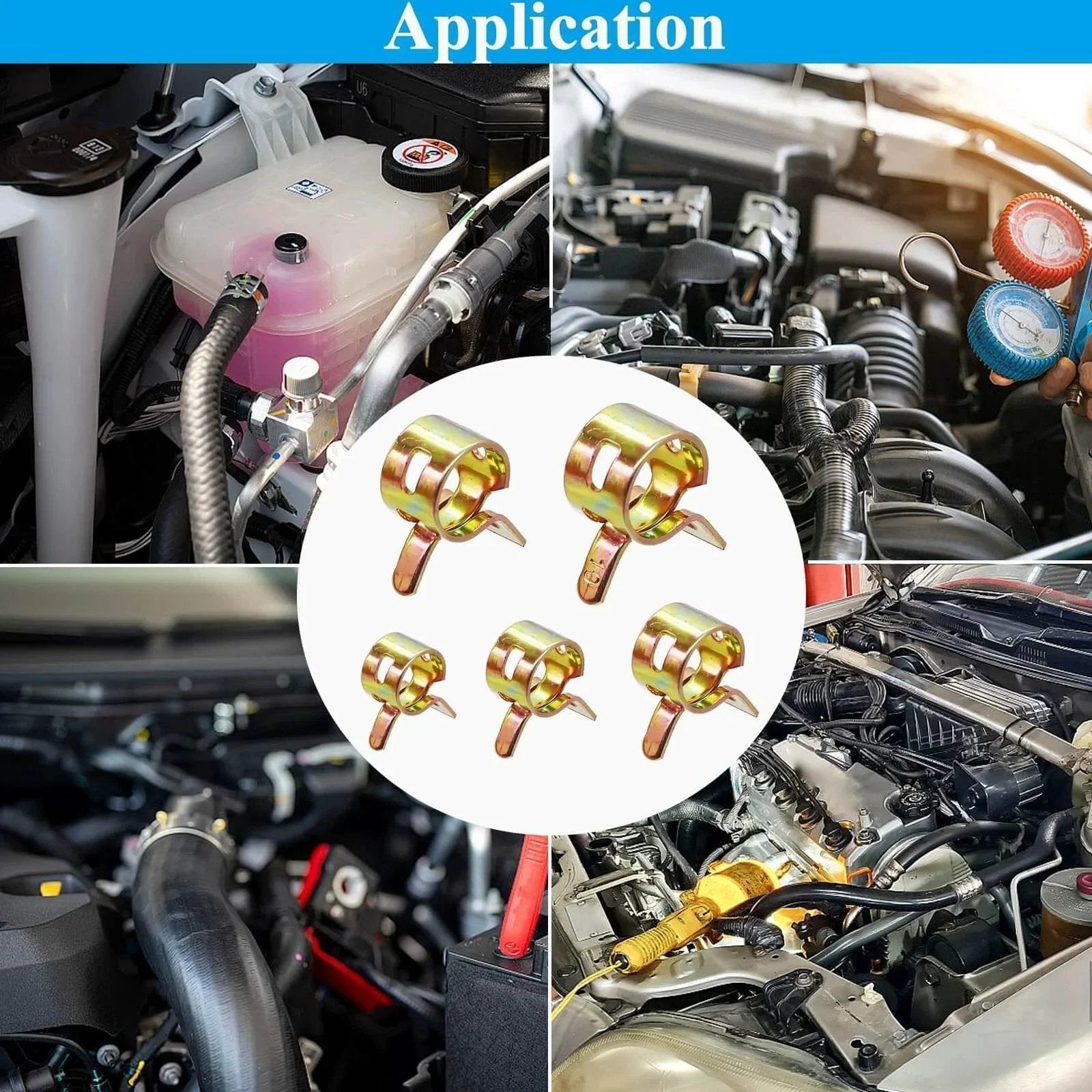 150 Pcs Spring Band Hose Clamps Assortment Kit With Five Sizes 6Mm 7Mm 8Mm 9Mm And 10Mm shown in automotive applications