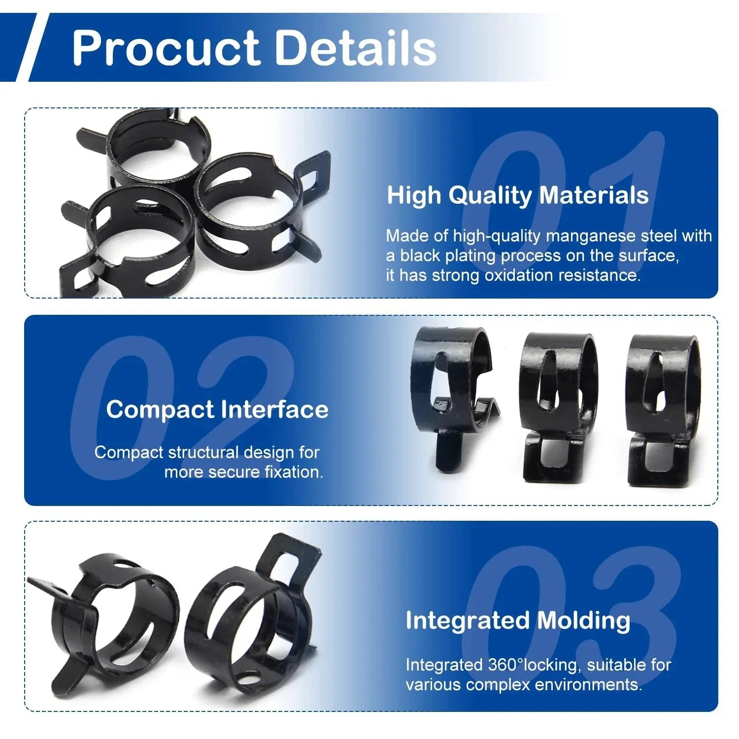 5Pcs 0.91 Inch ID Spring Band Hose Clamps Black For 1 Inch OD Fuel Line Silicone Vacuum Hose Pipe Air Hose Tube Water Pipe Bushing Automotive Replacement Fastener Durable Corrosion Resistant 65Mn Spring Steel With Dacromet Coating on display with details about high-quality materials, compact interface, and integrated molding.