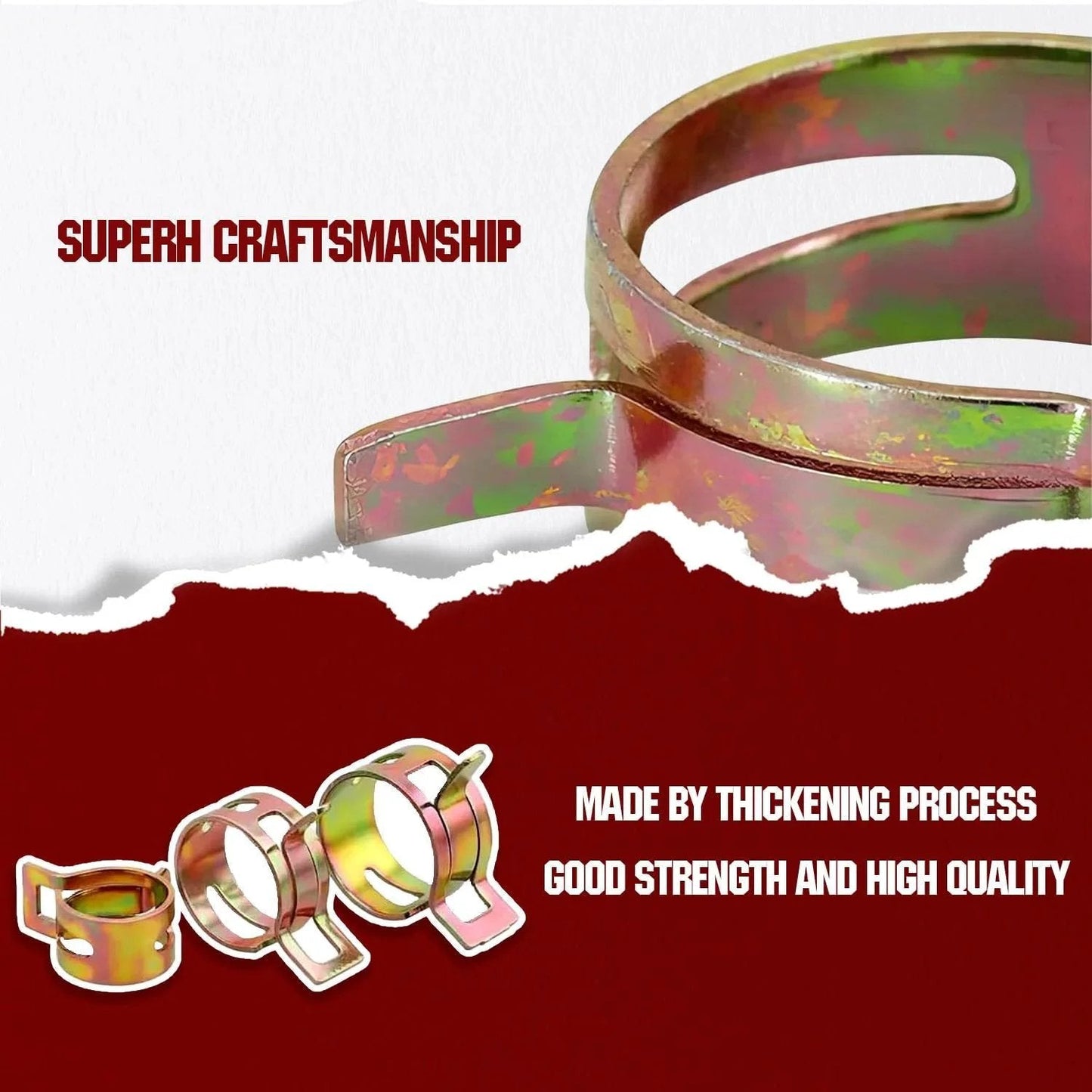 Close-up view of galvanized carbon steel spring band hose clamps, highlighting superb craftsmanship and high quality.