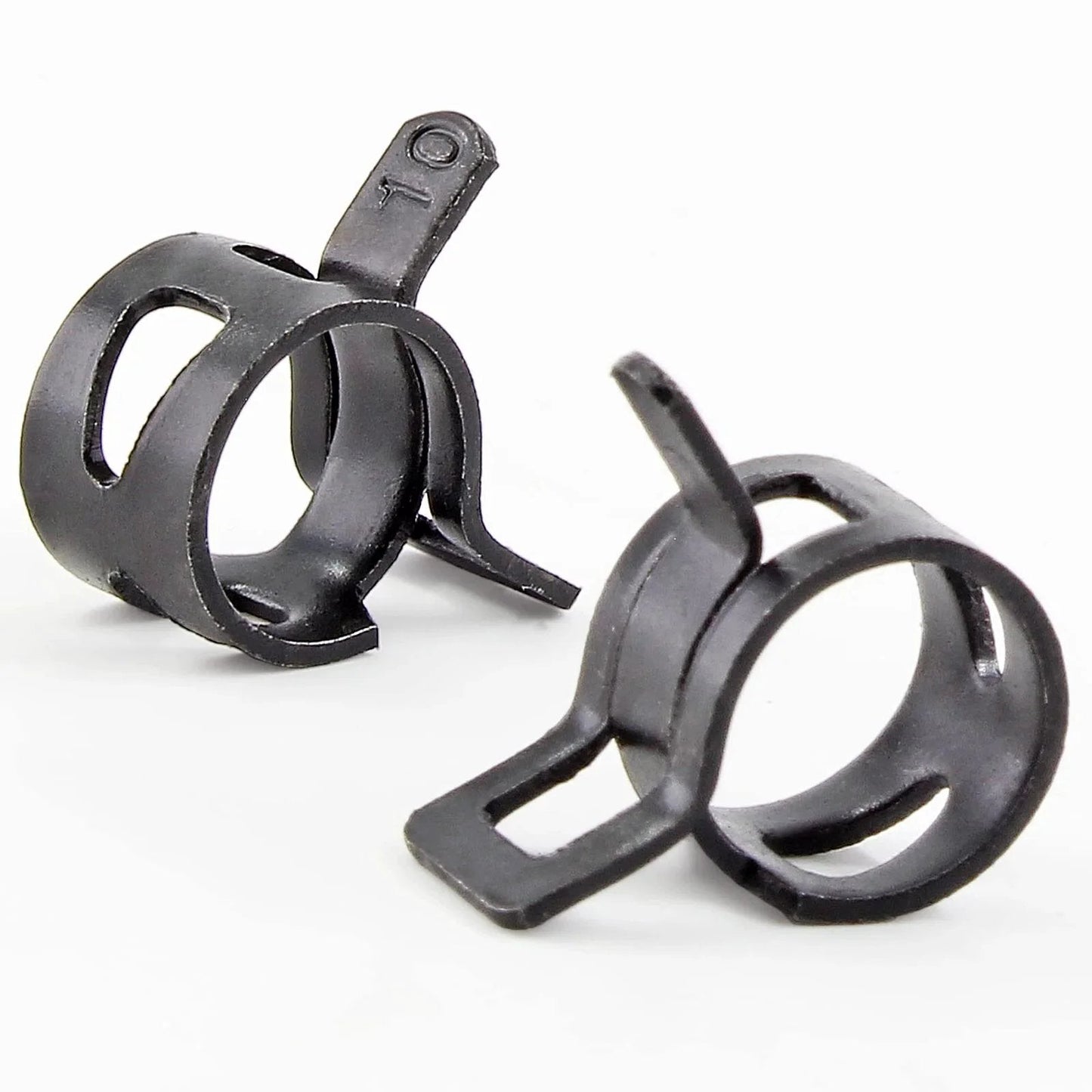 Fifty Pcs Three Eighths Inch Spring Band Hose Clamps 10mm Inner Diameter Fits 10.5 To 11.2mm Hose Outer Diameter 65Mn Manganese Steel Rust Resistant Quick Acting Clip for Fuel Lines Silicone Hoses and Water Pipes shown in close-up.