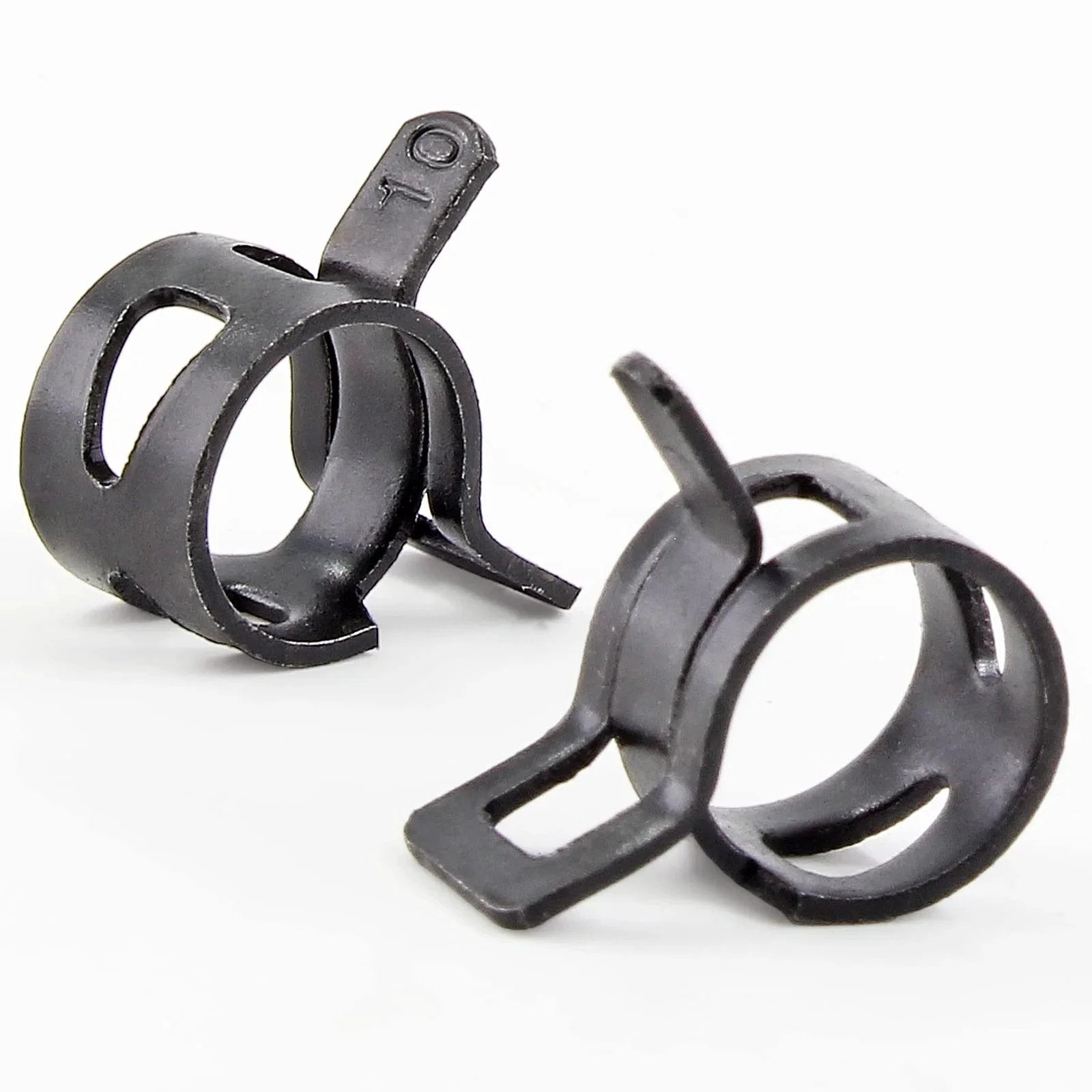 Fifty Pcs Three Eighths Inch Spring Band Hose Clamps 10mm Inner Diameter Fits 10.5 To 11.2mm Hose Outer Diameter 65Mn Manganese Steel Rust Resistant Quick Acting Clip for Fuel Lines Silicone Hoses and Water Pipes shown in close-up.