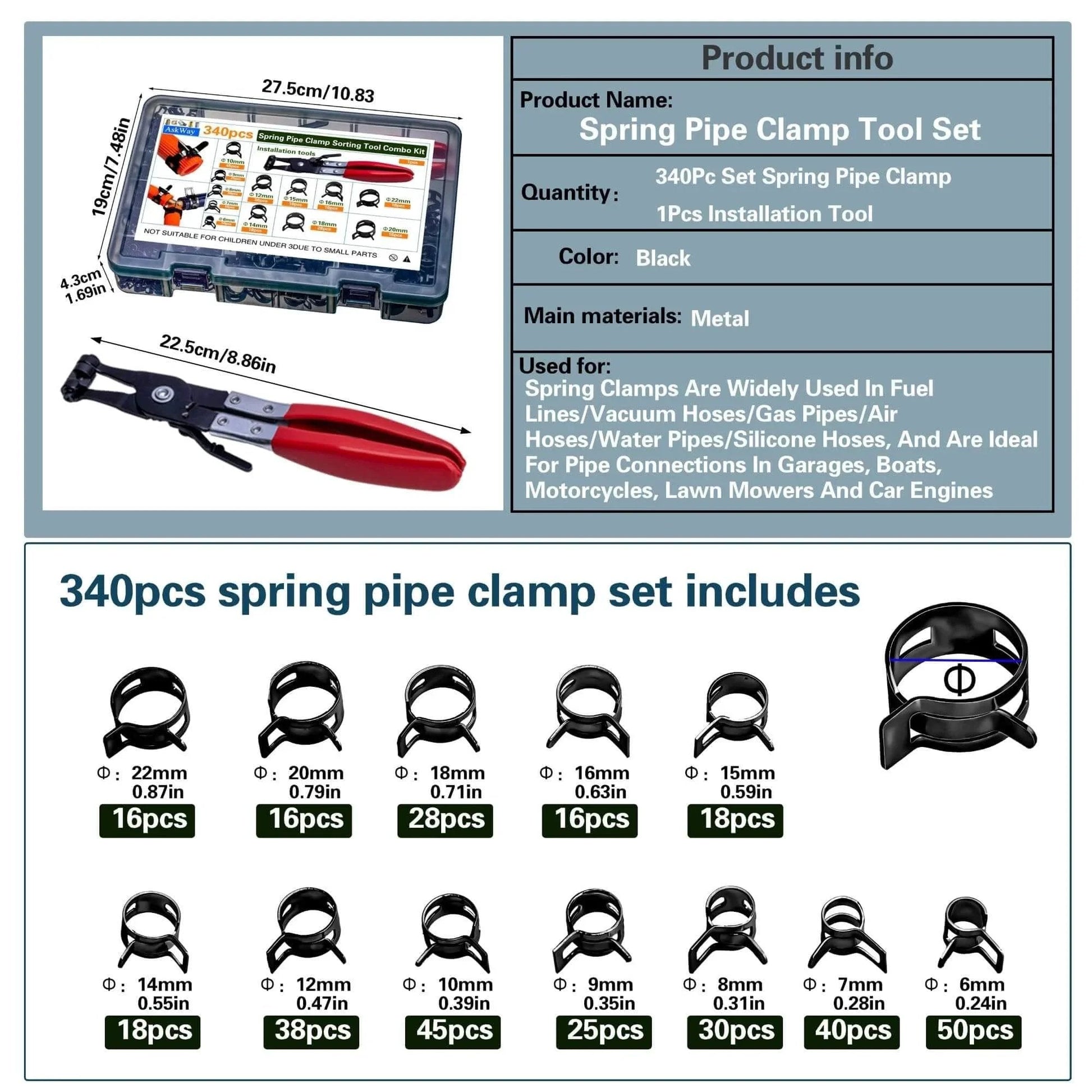Spring Hose Clamps Kit 340 Pieces With Clamp Tool 12 Sizes From 6mm To 22mm For Automotive Marine Gardening And Industrial Applications Includes 340Pcs Clamp Set And Installation Tool with storage box and installation tool.