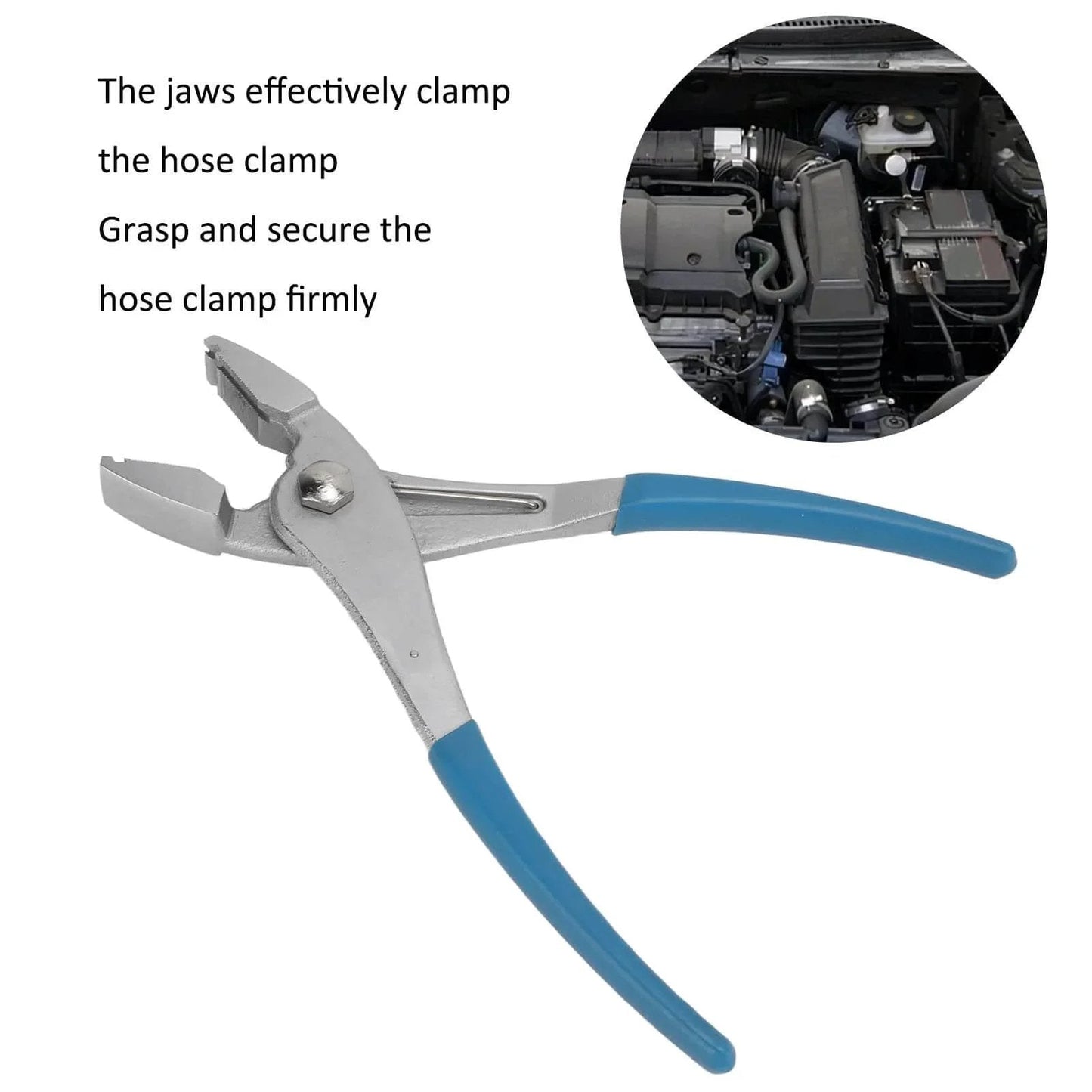 Spring Clamp Pliers Universal Radiator Hose Clamp Pliers 0.6 Inch Multi Directional Hose Clamp Pliers with blue handles and engine background