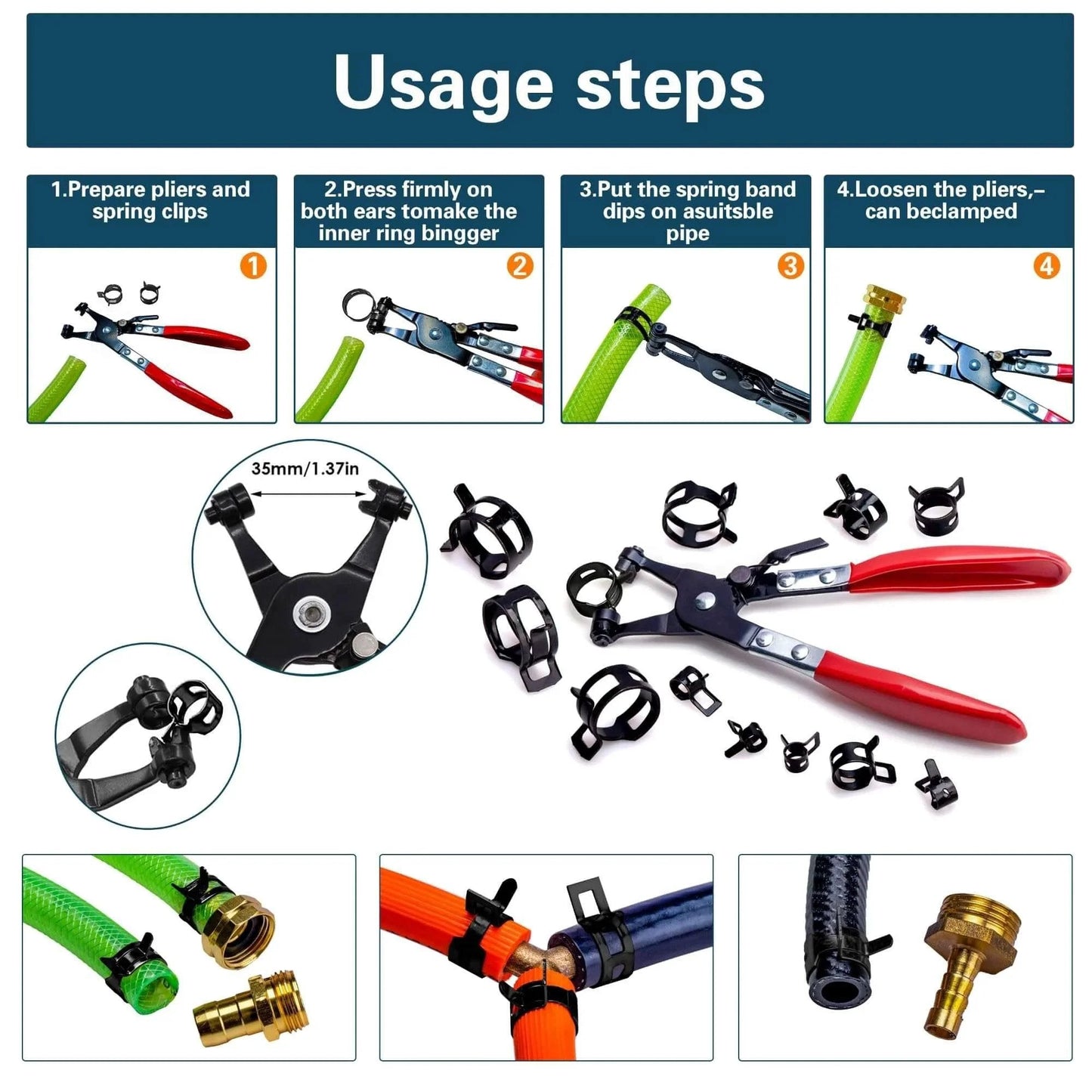 Diagram showing steps for using the Spring Hose Clamps Kit 340 Pieces With Clamp Tool 12 Sizes From 6mm To 22mm For Automotive Marine Gardening And Industrial Applications Includes 340Pcs Clamp Set And Installation Tool with illustrated instructions and images of pliers, hoses, and clamps.