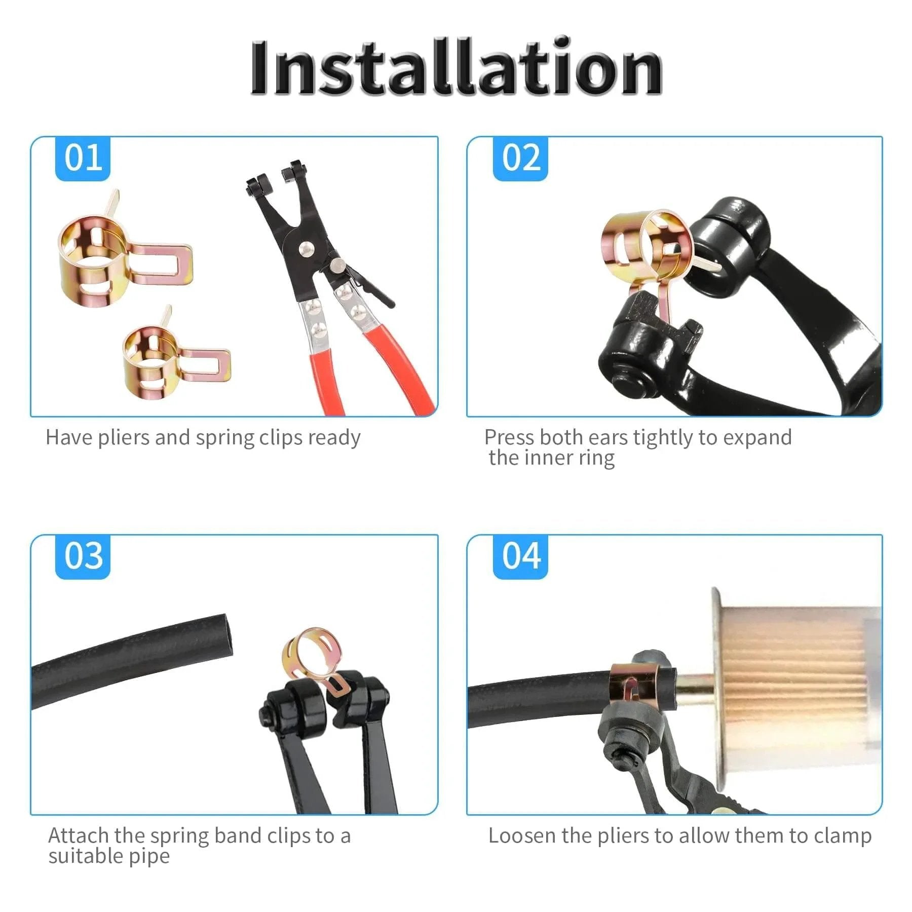 Installation steps for 10 Pcs Spring Band Type Hose Clamps 7mm ID 0.28in 12mm Wide Manganese Steel Galvanized Rustproof Kits.