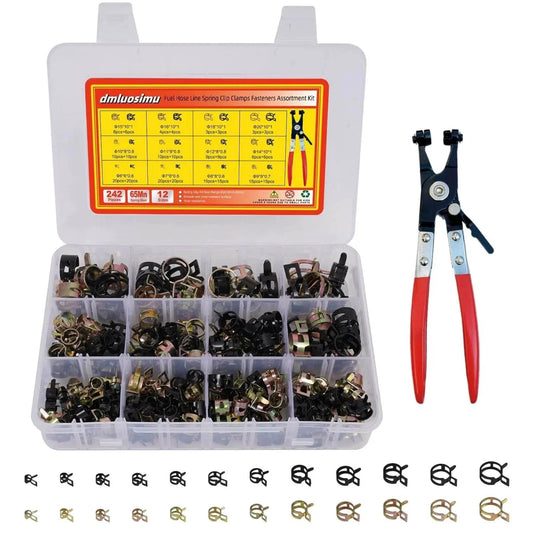 242 Piece Set Spring Band Hose Clamp Assortment Kit 6 to 25 mm with hose clamp pliers, black and color zinc plated hose clips