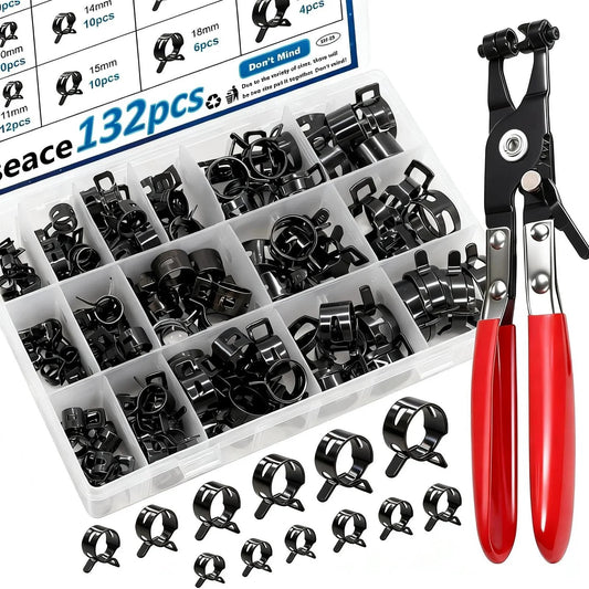132 Pcs 6 To 25Mm Spring Hose Clamps With Hose Clamp Pliers In 16 Sizes Constant Tension Hose Clamp Kit in storage box