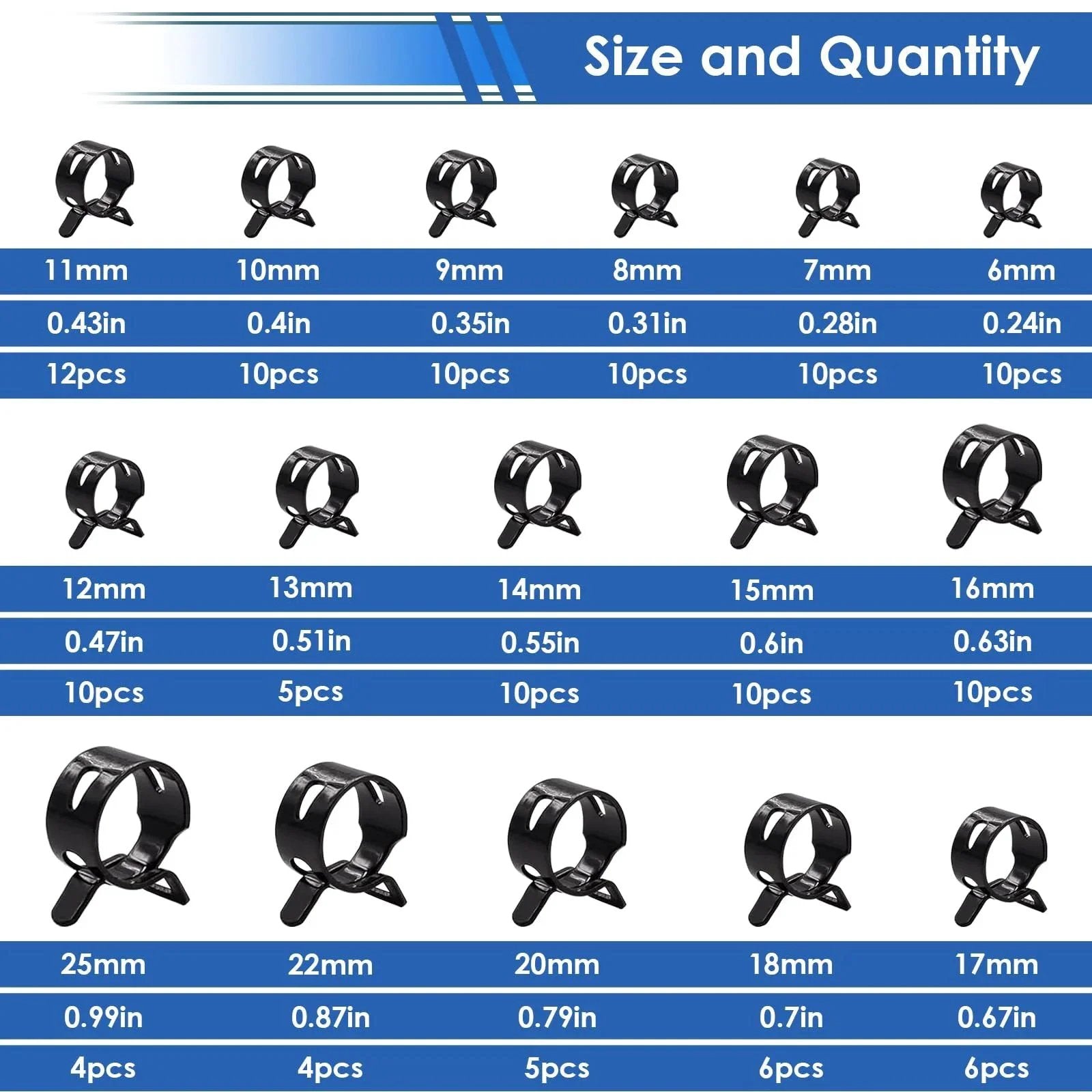 Various sizes of spring hose clamps from the 132 pcs 6 to 25mm spring hose clamps with hose clamp pliers in 16 sizes constant tension hose clamp kit.