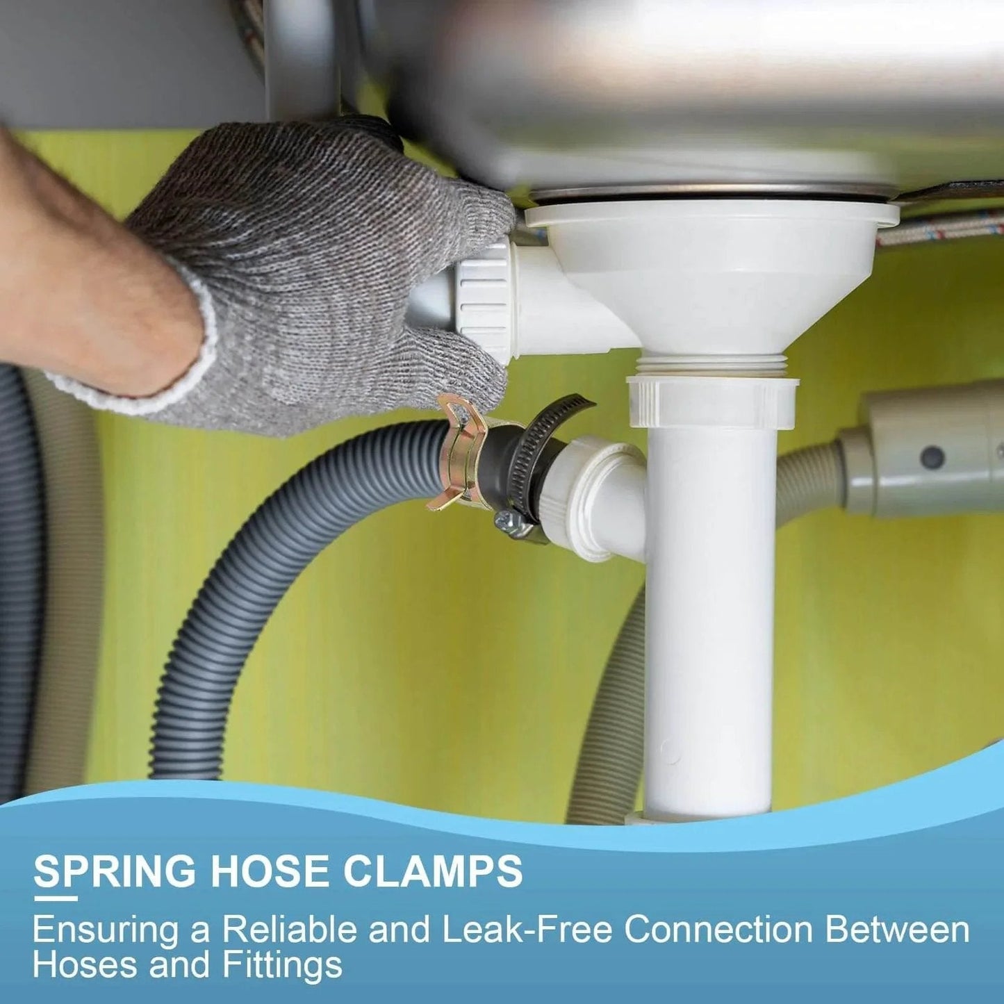 Spring Band Hose Clamps For 20 To 24 Millimeter Hose OD Pack Of 30 Vacuum Constant Tension Clips For Fuel Line Air Hose Water Pipe Gold Finish Corrosion Resistant 65Mn Steel. A person installing clamps on a pipe under a sink.