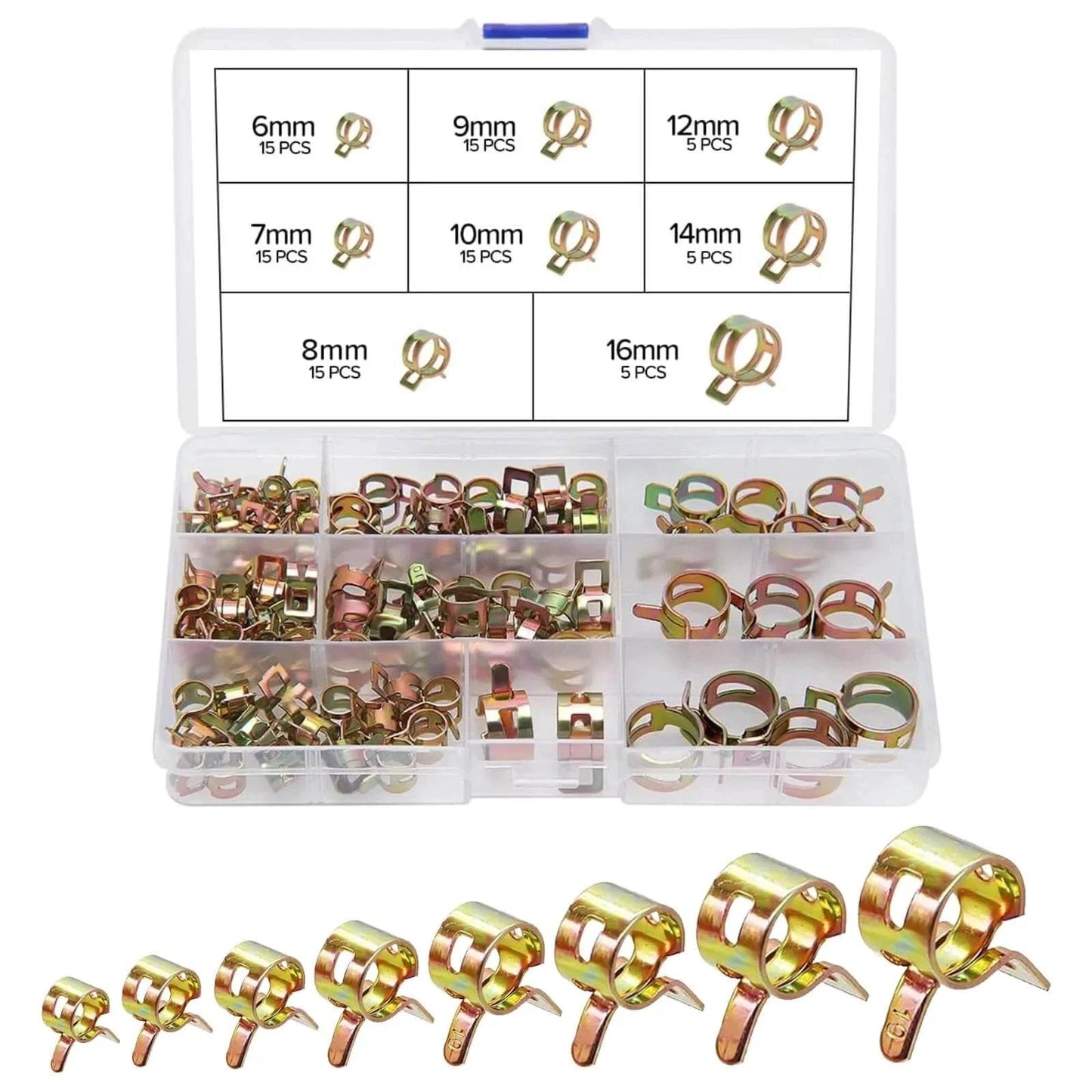90 Pcs Spring Hose Clamps Assortment Kit With Eight Sizes 6 To 16 Mm Leakproof Fuel Line Clamps for motorcycles and automotive use