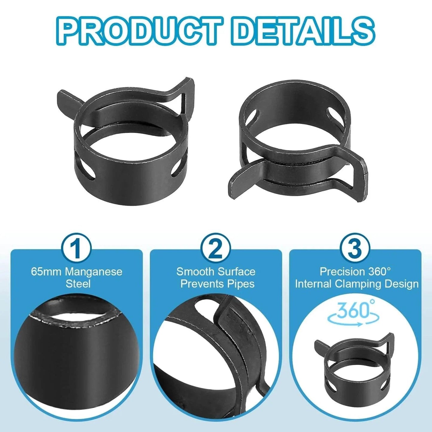 Spring Band Hose Clamps For 18 To 20 Mm Hose OD 15 Pack Corrosion Resistant 65Mn Steel Zinc Plated Vacuum Constant Tension Clips
