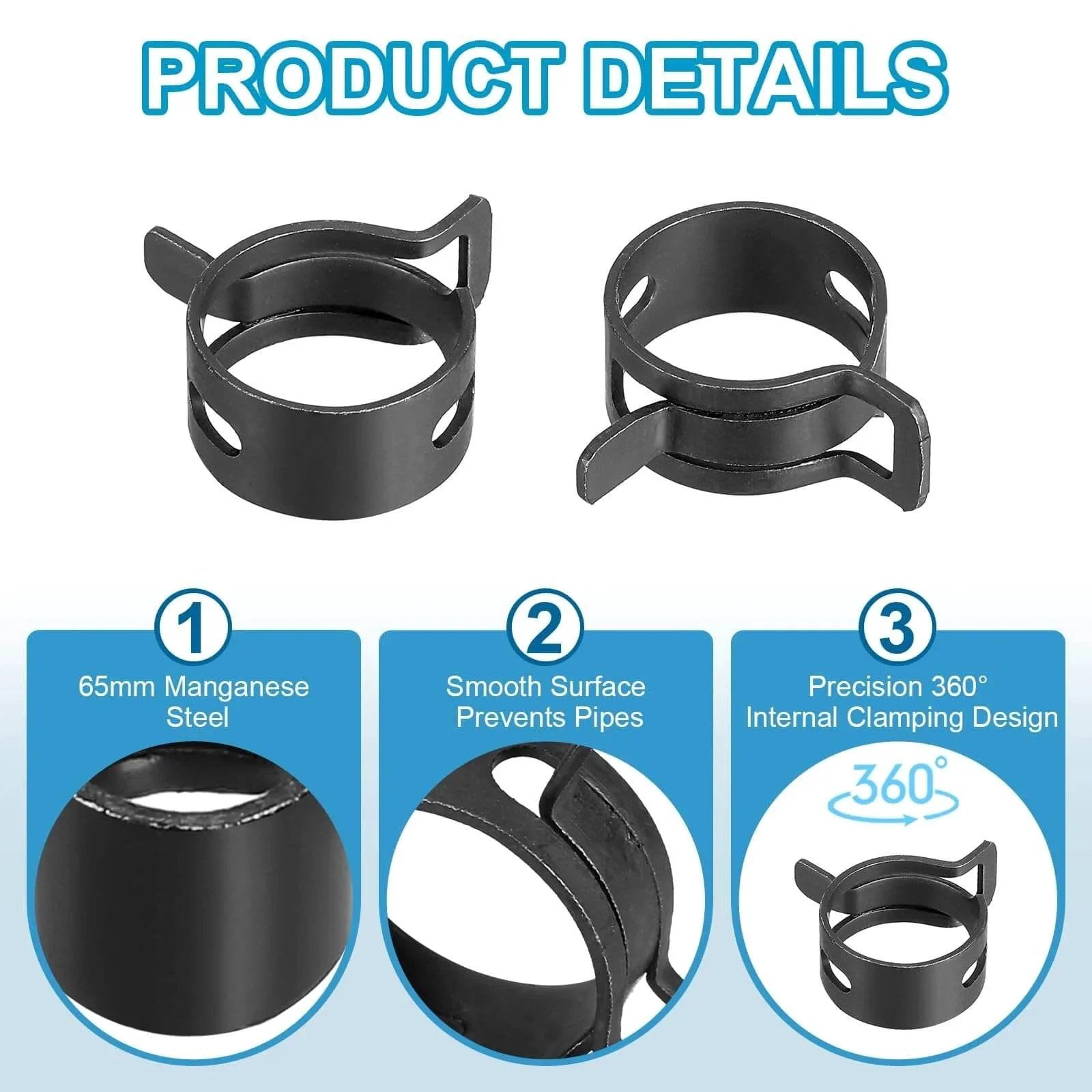 Spring Band Hose Clamps For 18 To 20 Mm Hose OD 15 Pack Corrosion Resistant 65Mn Steel Zinc Plated Vacuum Constant Tension Clips