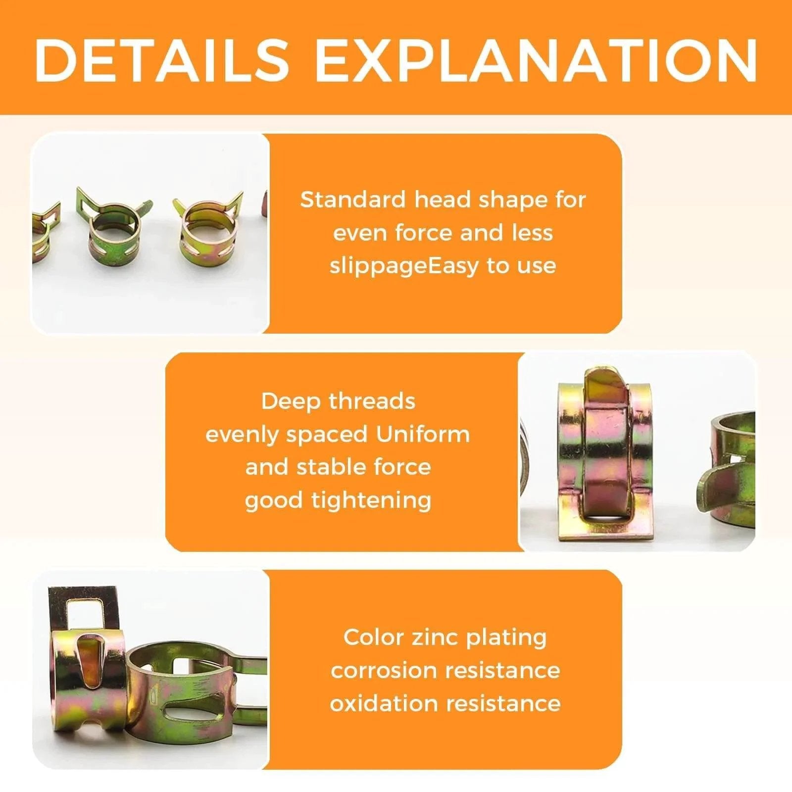 90 Pcs Spring Hose Clamps Assortment Kit With Eight Sizes 6 To 16 Mm Leakproof Fuel Line Clamps details with features displayed
